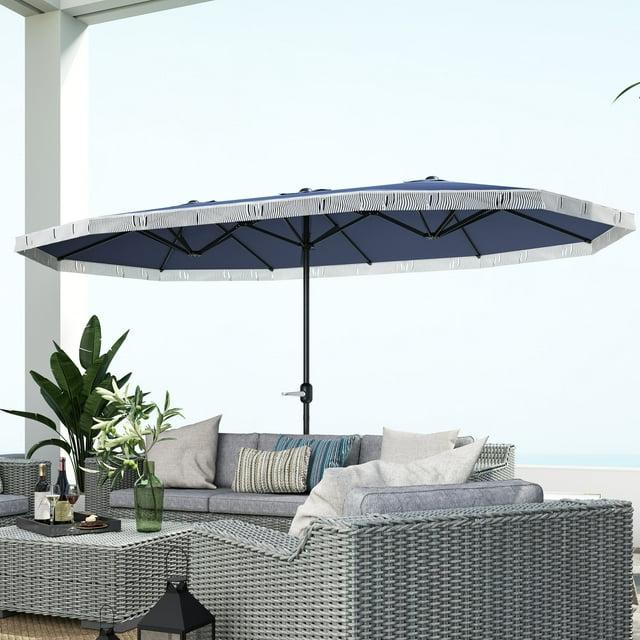 Outsunny 15ft Extra Large Patio Umbrella, UPF30+ Double-sided Rectangle Umbrella with Easy Crank Handle, 2 Vents for Garden Pool Lawn, Dark Blue