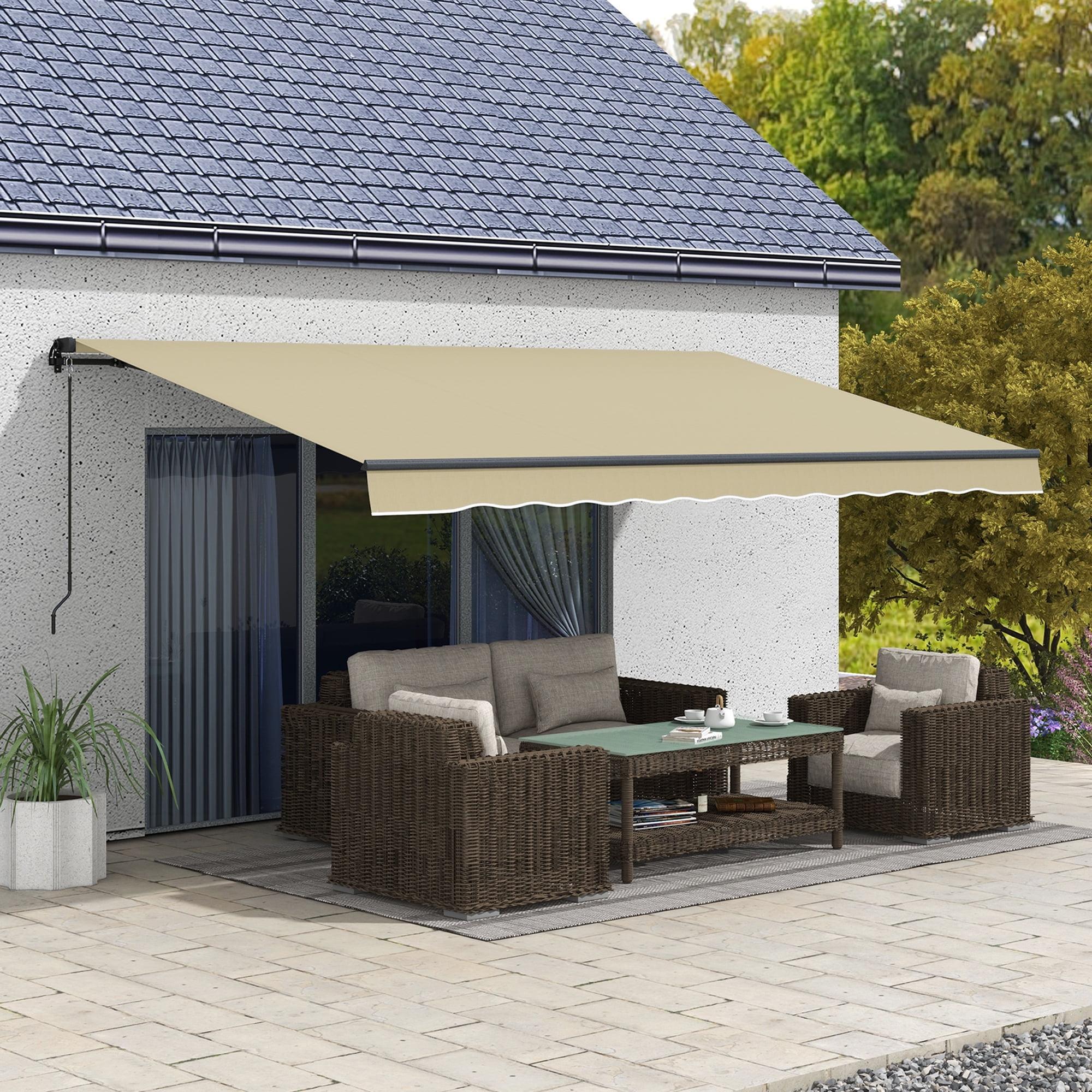 Beige 16' x 10' Retractable Patio Awning with Manual Crank