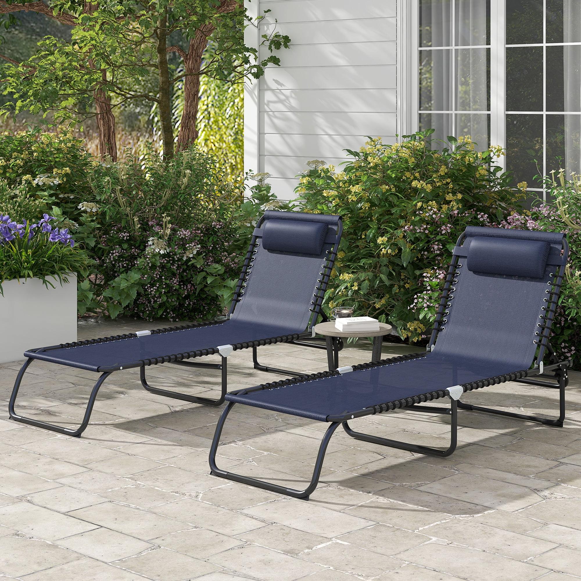 2 Folding Chaise Lounge Pool Chairs with 4-Position Reclining Back, Pillow, Breathable Mesh & Bungee Seat, Dark Blue