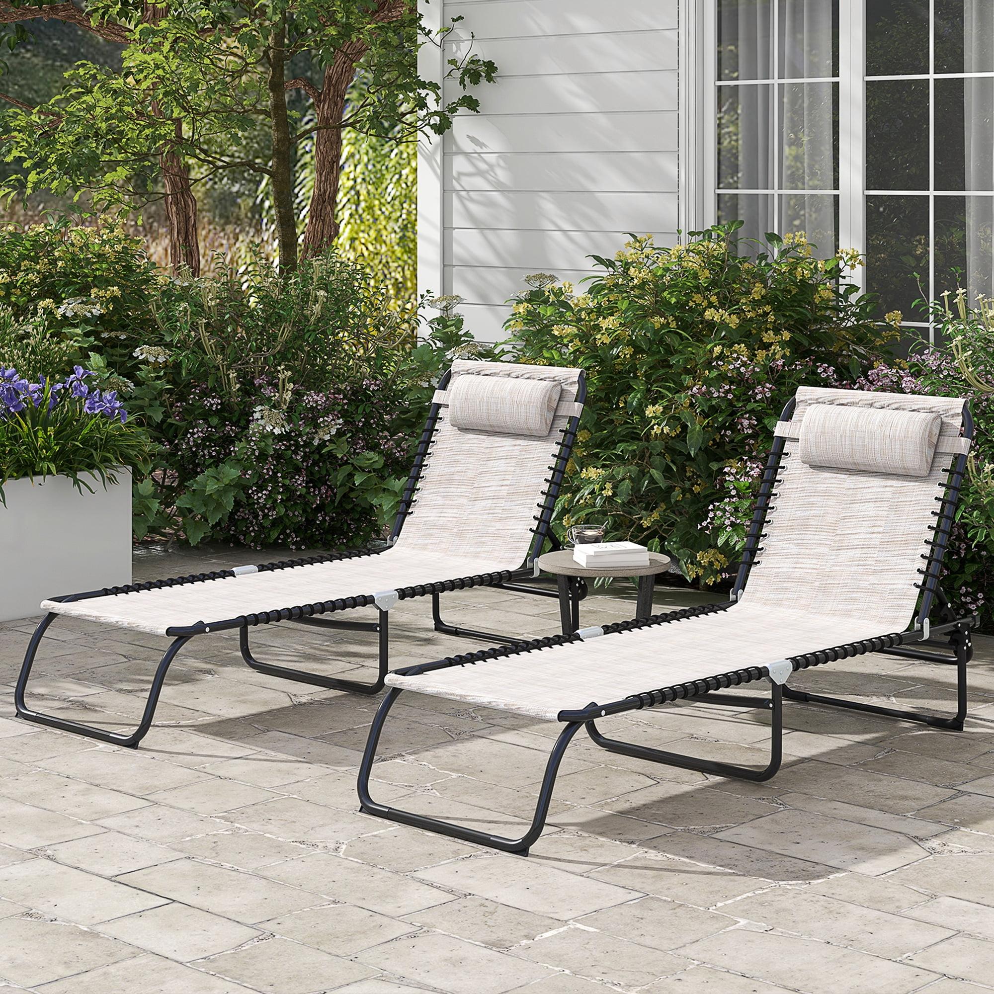 2 Folding Chaise Lounge Pool Chairs with 4-Position Reclining Back, Pillow, Breathable Mesh & Bungee Seat, Cream White