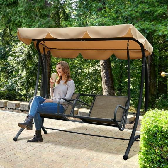Outsunny 2-Person Porch Swing, Outdoor Patio Swing Bench with Adjustable Tilt Canopy, Cup Holder and Storage Tray, Steel Frame, Brown