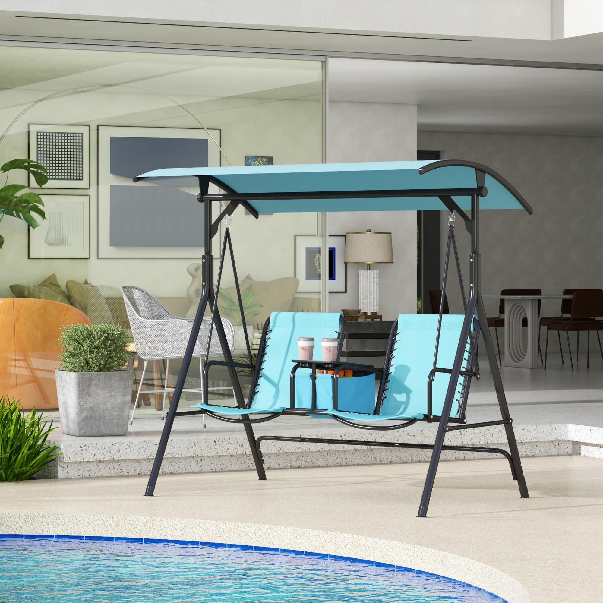 Outsunny 2 Person Porch Swing with Canopy, Covered Patio Swing with Pivot Storage Table, Cup Holder, & Adjustable Overhead Canopy, Blue