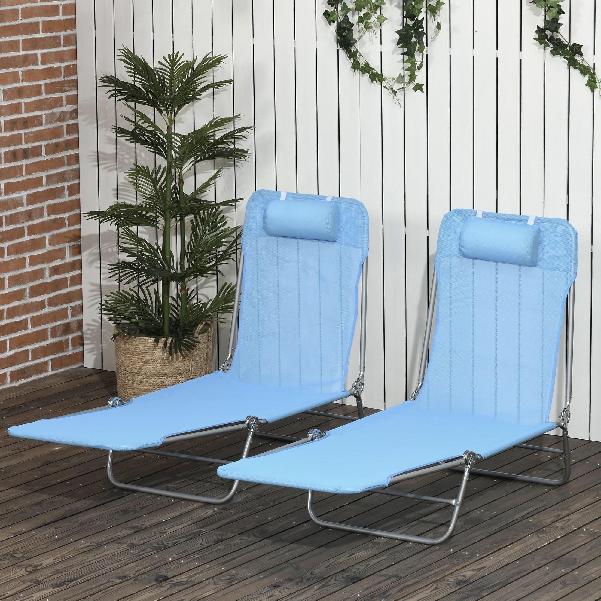 Outsunny Folding Chaise Lounge Pool Chairs, Set of 2 Outdoor Sun Tanning Chairs with Pillow, Five-Position Reclining Back for Beach, Blue