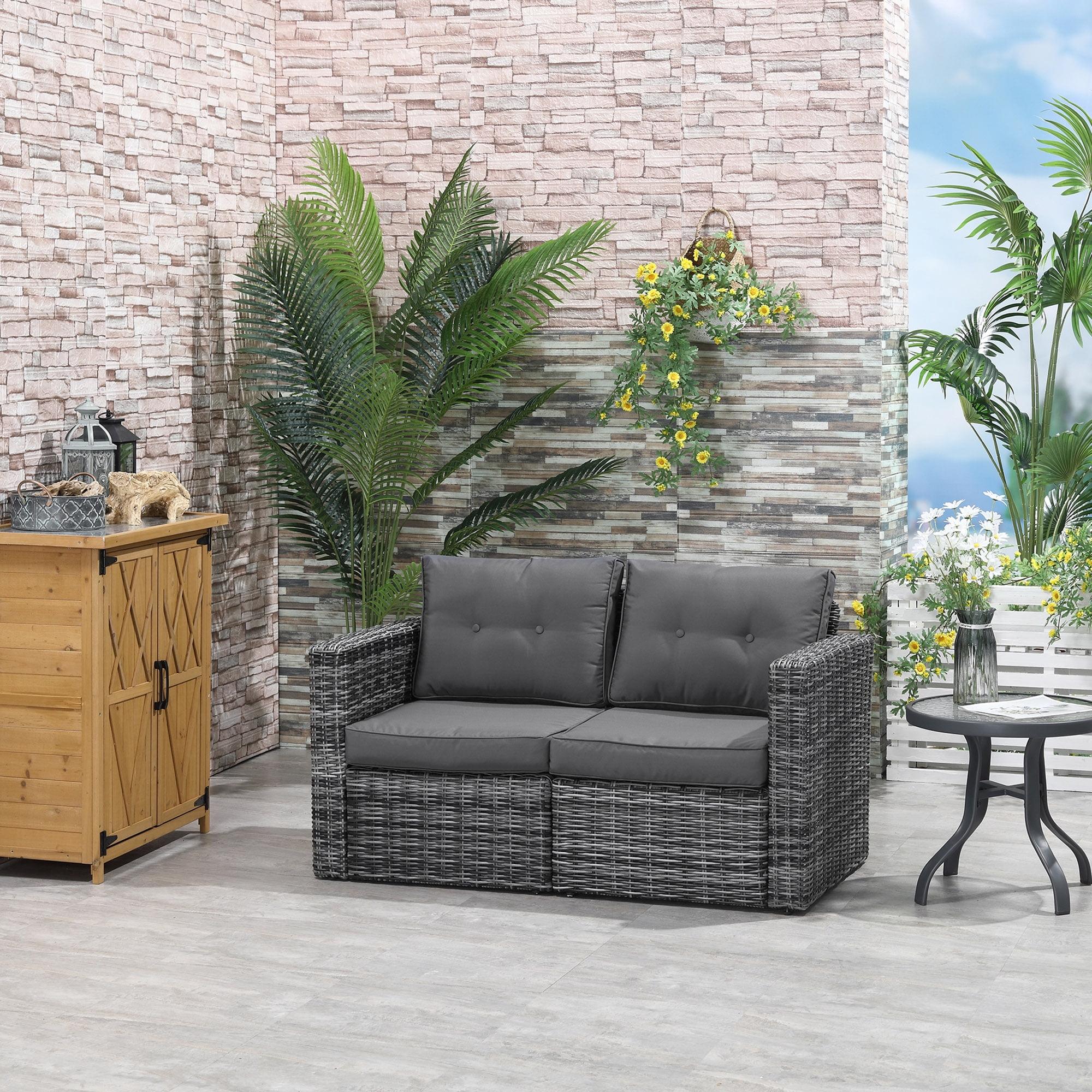 Outsunny 2 Piece Patio Wicker Corner Sofa Set, Outdoor PE Rattan Furniture, with Curved Armrests and Padded Cushions for Balcony, Gray