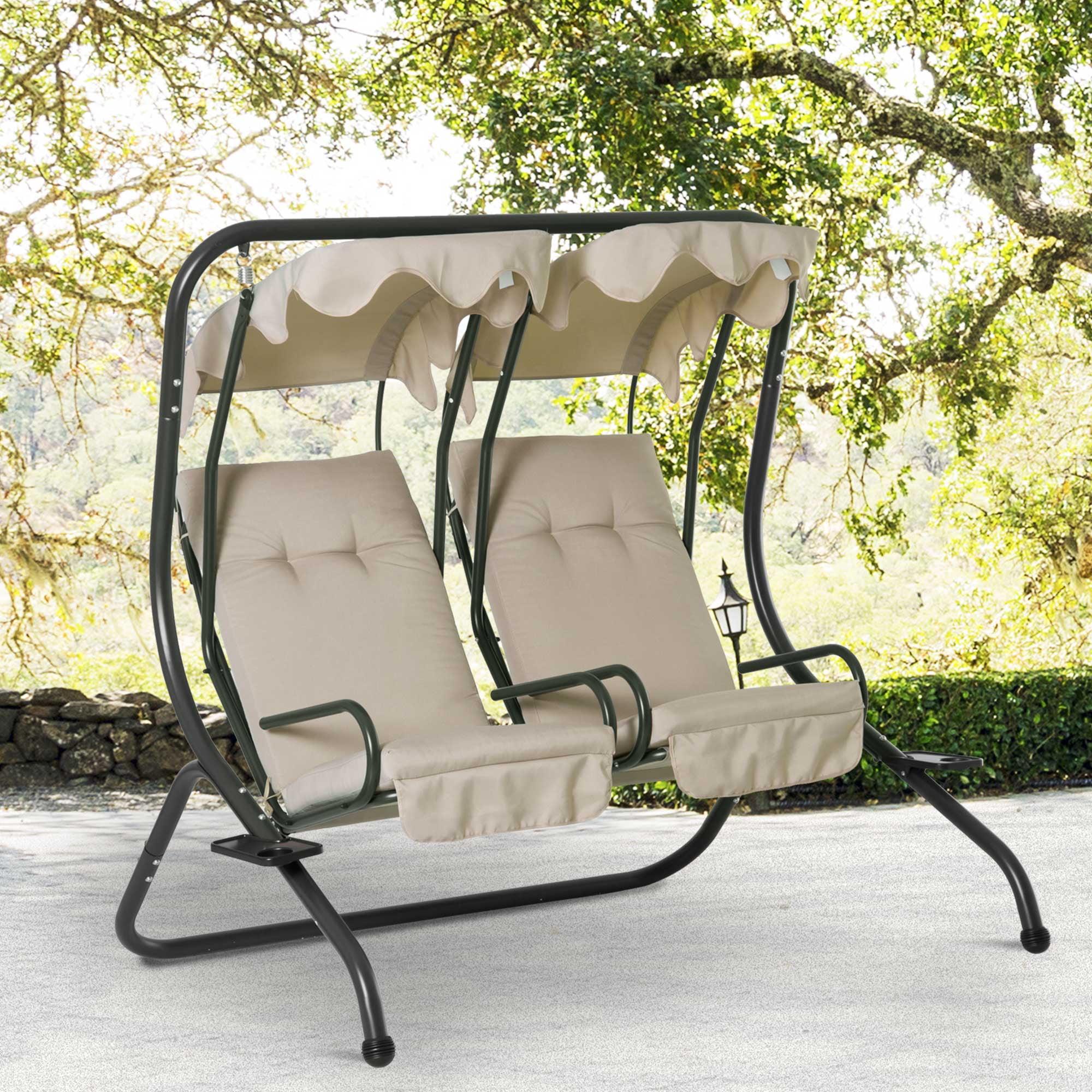 Outsunny Modern 2-Seater Outdoor Patio Swing Chair, Porch Seats with Cup Holder and Removeable Canopy, Beige
