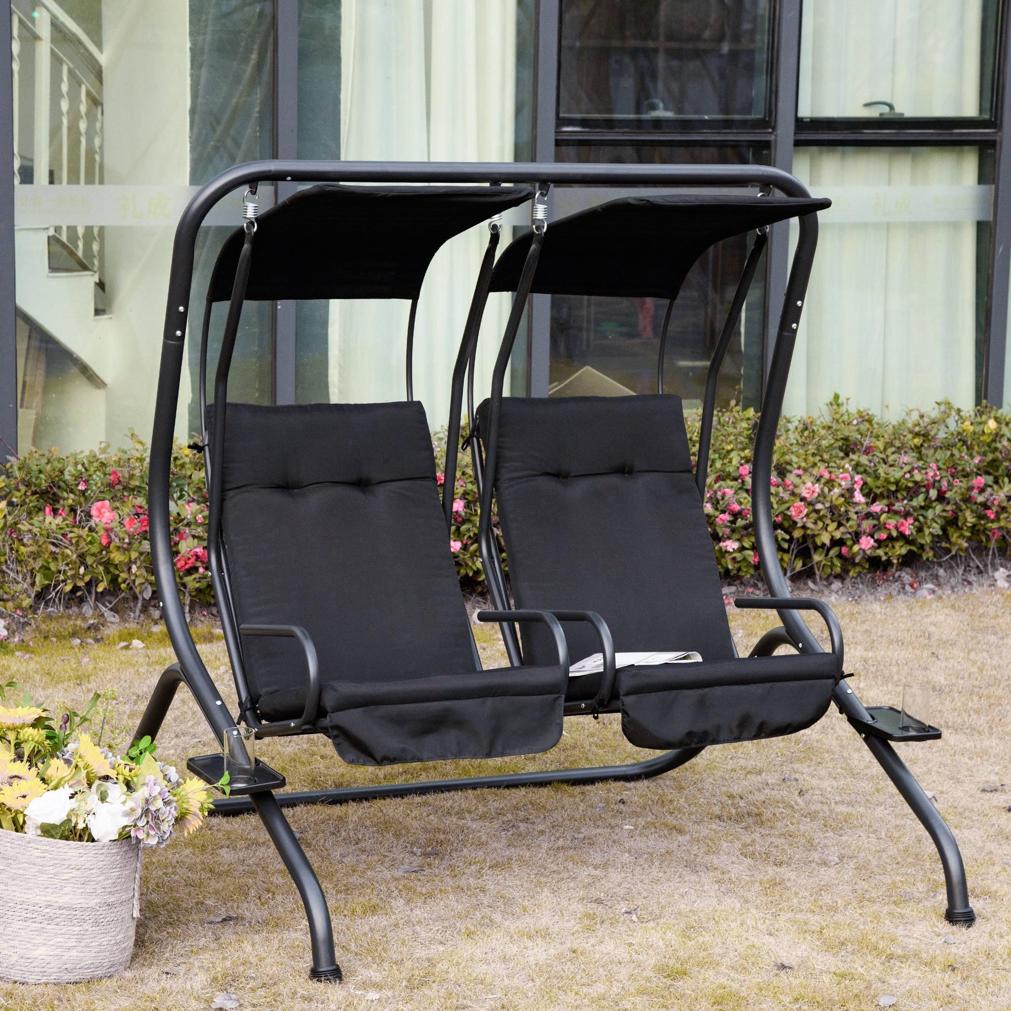 Outsunny Modern 2-Seater Outdoor Patio Swing Chair, Porch Seats with Cup Holder and Removeable Canopy, Black