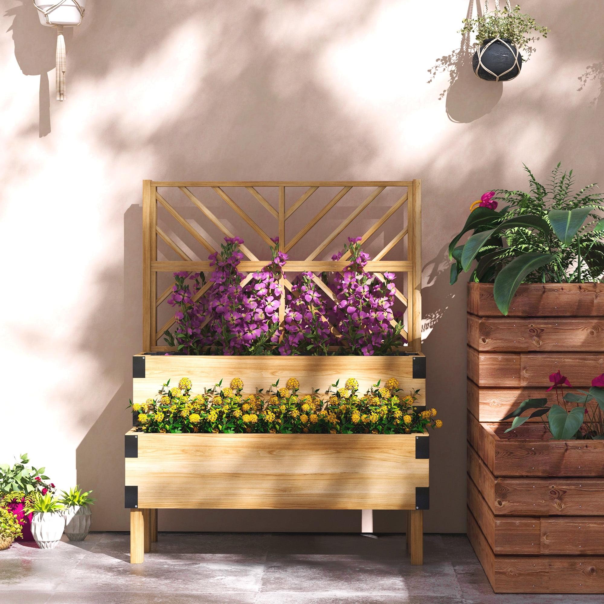 Outsunny 2 Tier Trellis Planter, Wooden Vegetable Garden Bed with Metal Corners for Vegetables, Flowers, Herbs, Natural