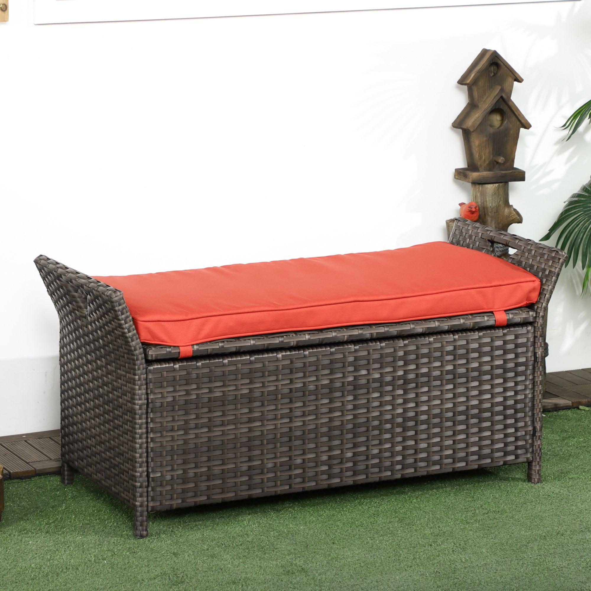 Outsunny 27 Gallon Patio Wicker Storage Bench, Outdoor PE Rattan Patio Furniture, 2-In-1 Footstool Rectangle Basket Box w/ Handles & Cushion, Red