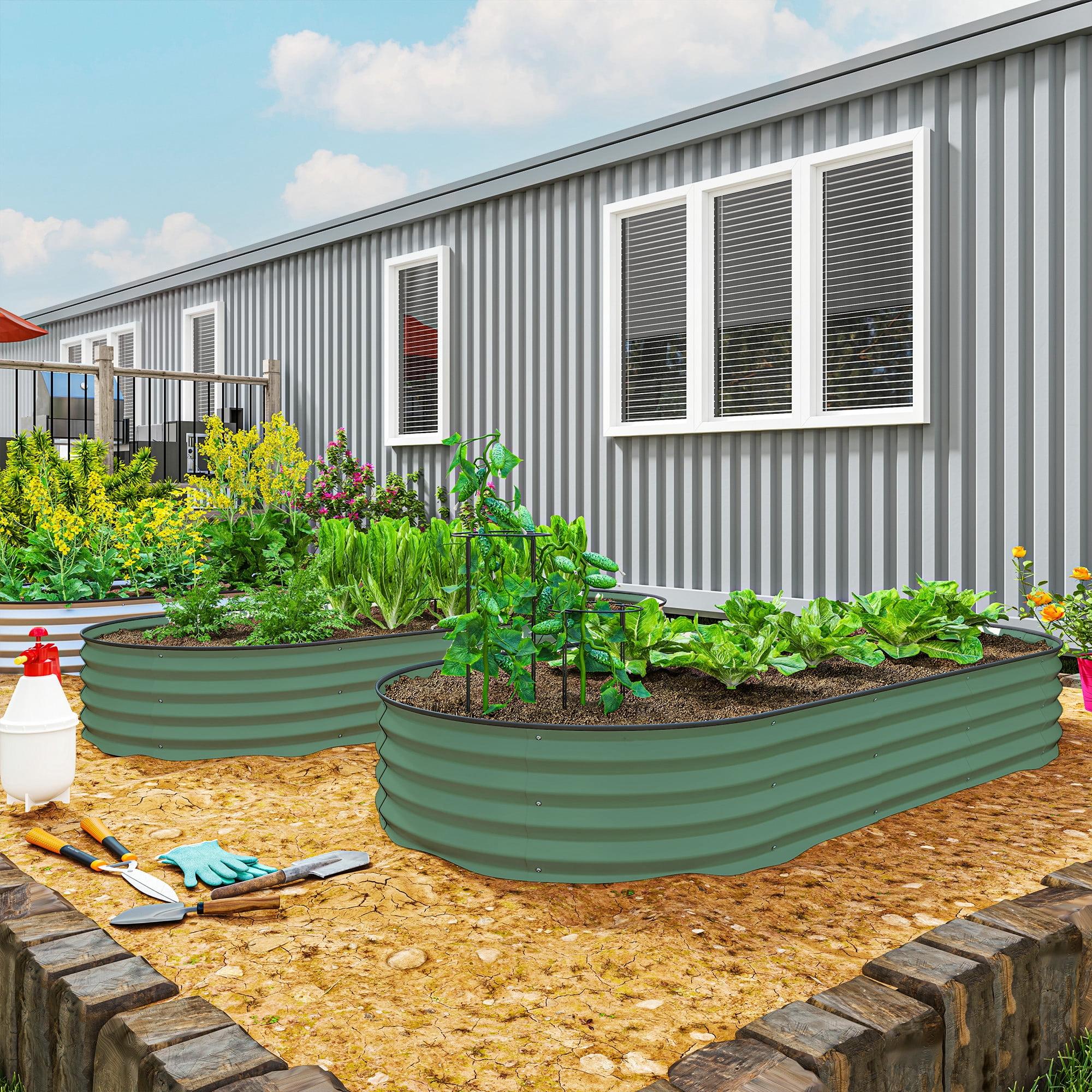 Outsunny 2PCS Galvanized Raised Garden Bed, 7' x 3' x 1' Raised Beds for Gardening with Metal Plant Stakes, Green