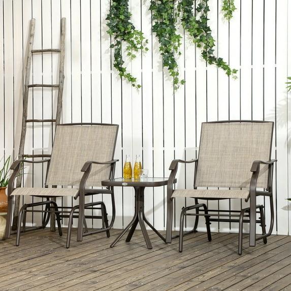 Outsunny 3 Piece Outdoor Glider Chair with Coffee Table Bistro Set, 2 Patio Rocking Chairs with Breathable Sling Fabric, Glass Tabletop, Mixed Brown