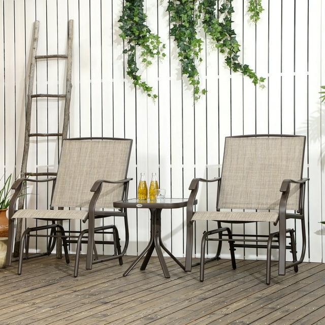 Outsunny 3 Piece Outdoor Glider Chair with Coffee Table Bistro Set, 2 Patio Rocking Chairs with Breathable Sling Fabric, Glass Tabletop, Mixed Brown