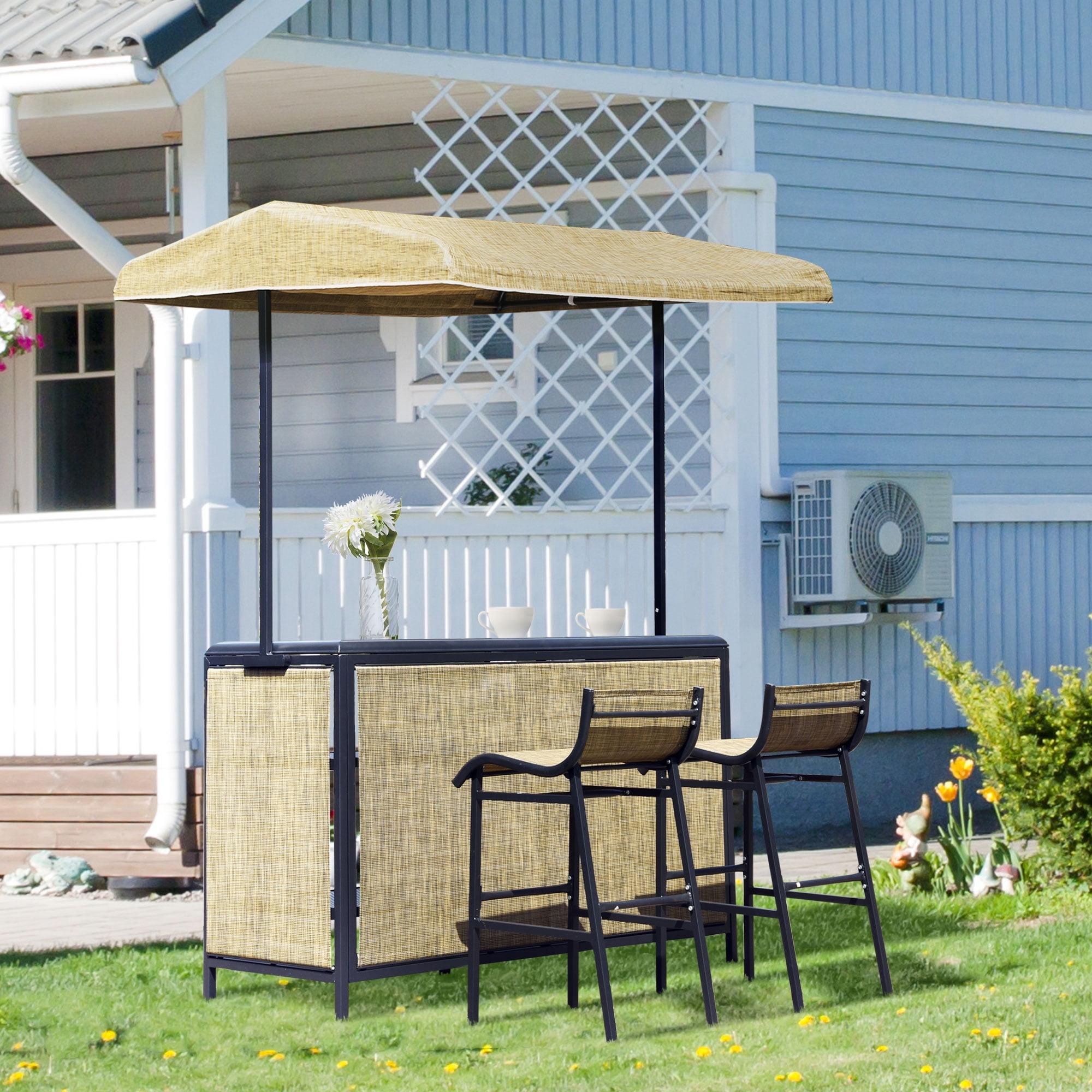 Outsunny 3 Piece Outdoor Bar Set for 2 with Canopy, Rectangular Table with Storage Shelves & Two Bar Chairs, Breathable Mesh