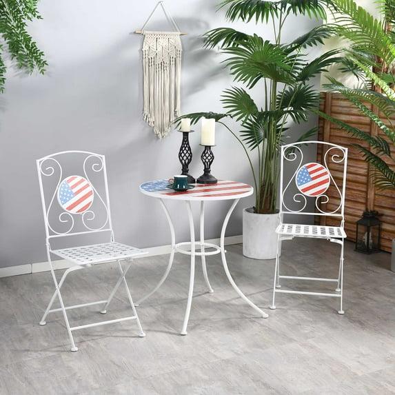 Outsunny 3 Piece Patio Bistro Set, Folding Outdoor Furniture with USA Mosaic Table and Chairs for 4th of July, Balcony, American Flag