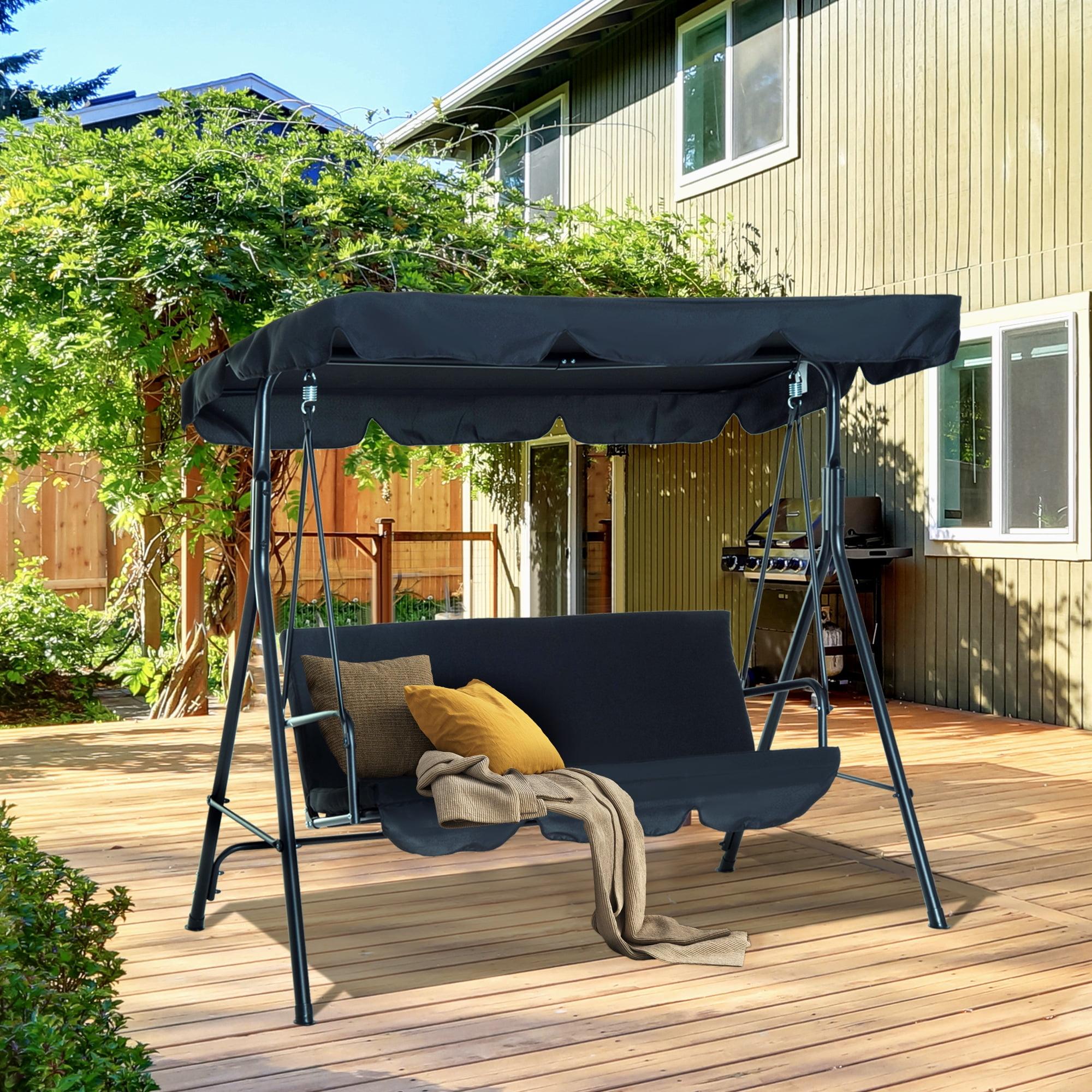 Outsunny 3-Seat Outdoor Patio Swing Chair with Removable Cushion, Steel Frame Stand and Adjustable Tilt Canopy for Patio, Balcony, Backyard, Black