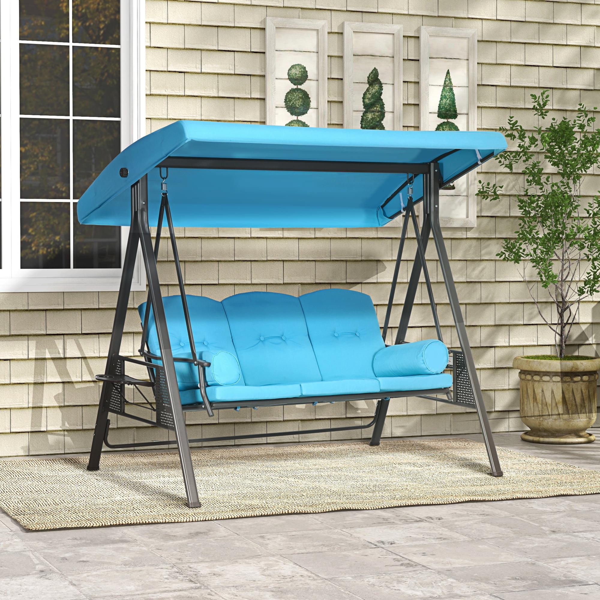 Outsunny 3-Seat Outdoor Patio Swing with Adjustable Tilt Canopy, Cushions, Pillow, Steel Frame, Side Tray, Cup Holder, Blue