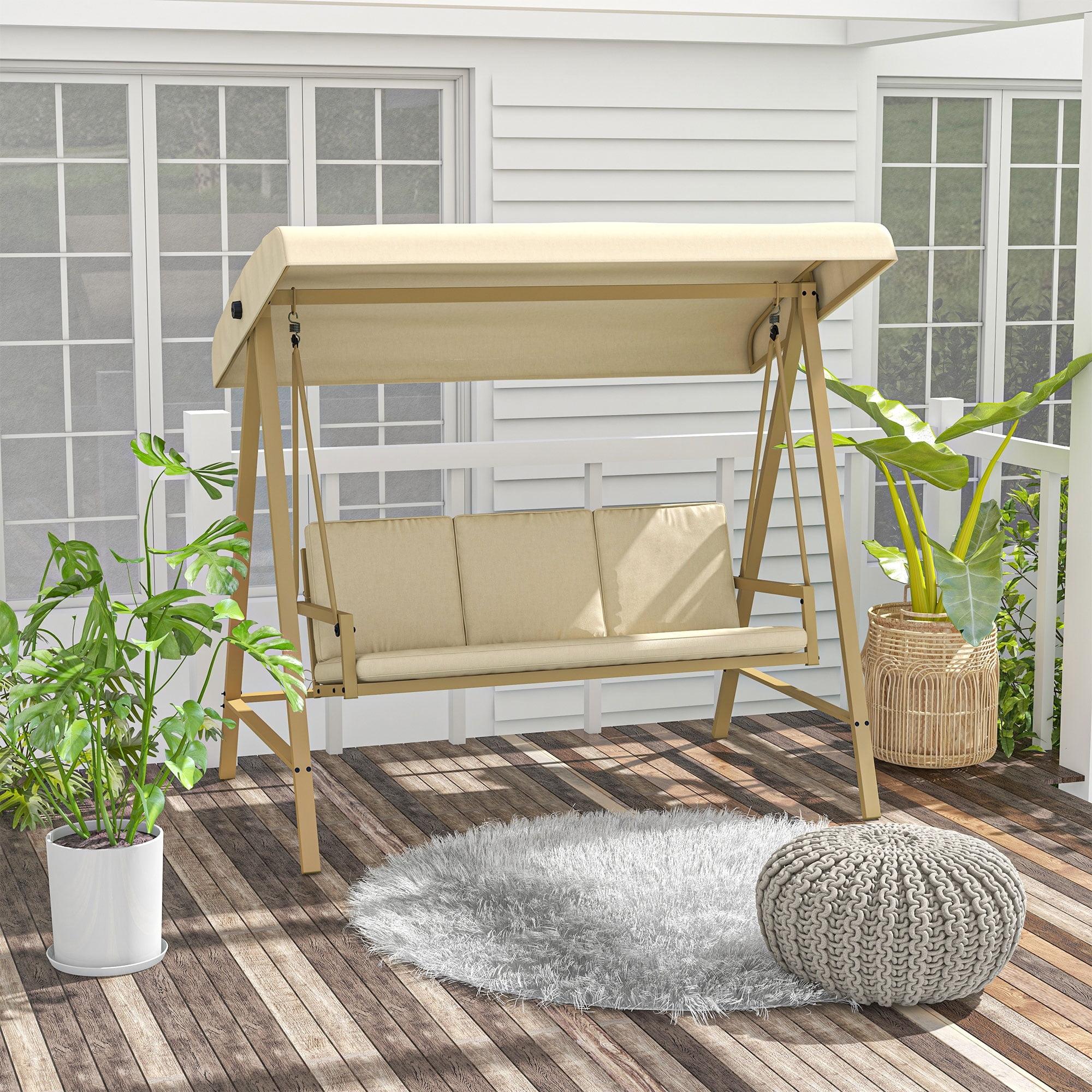 Beige 3-Seat Outdoor Swing with Adjustable Canopy and Cushions