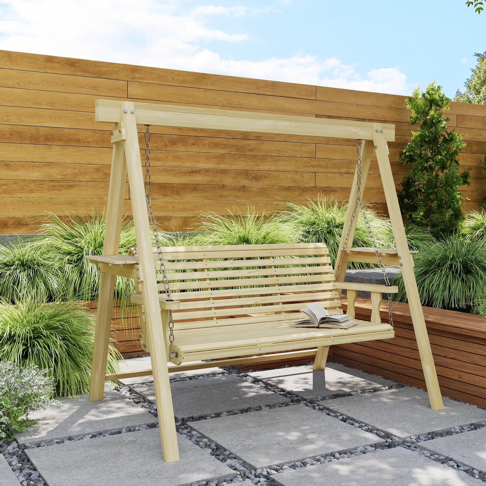 Outsunny 3 Seat Wooden Porch Swing with Stand, Patio Swing Chair with Side Tables, Natural Wood