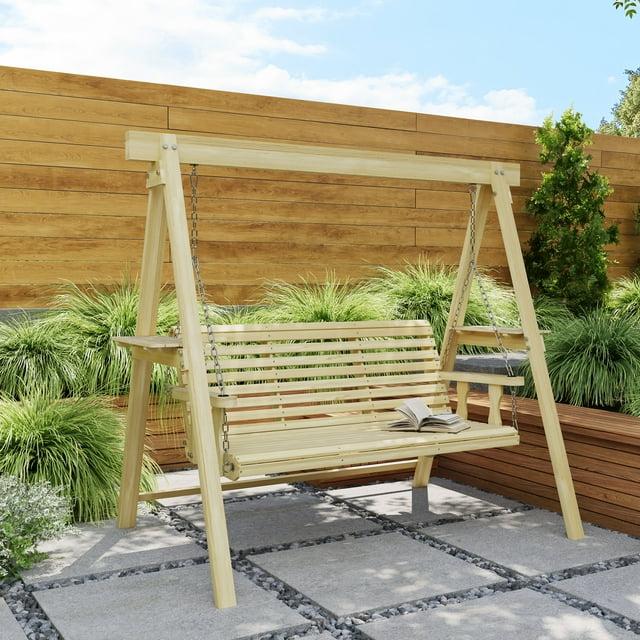 Outsunny 3 Seat Wooden Porch Swing with Stand, Patio Swing Chair with Side Tables, Natural Wood