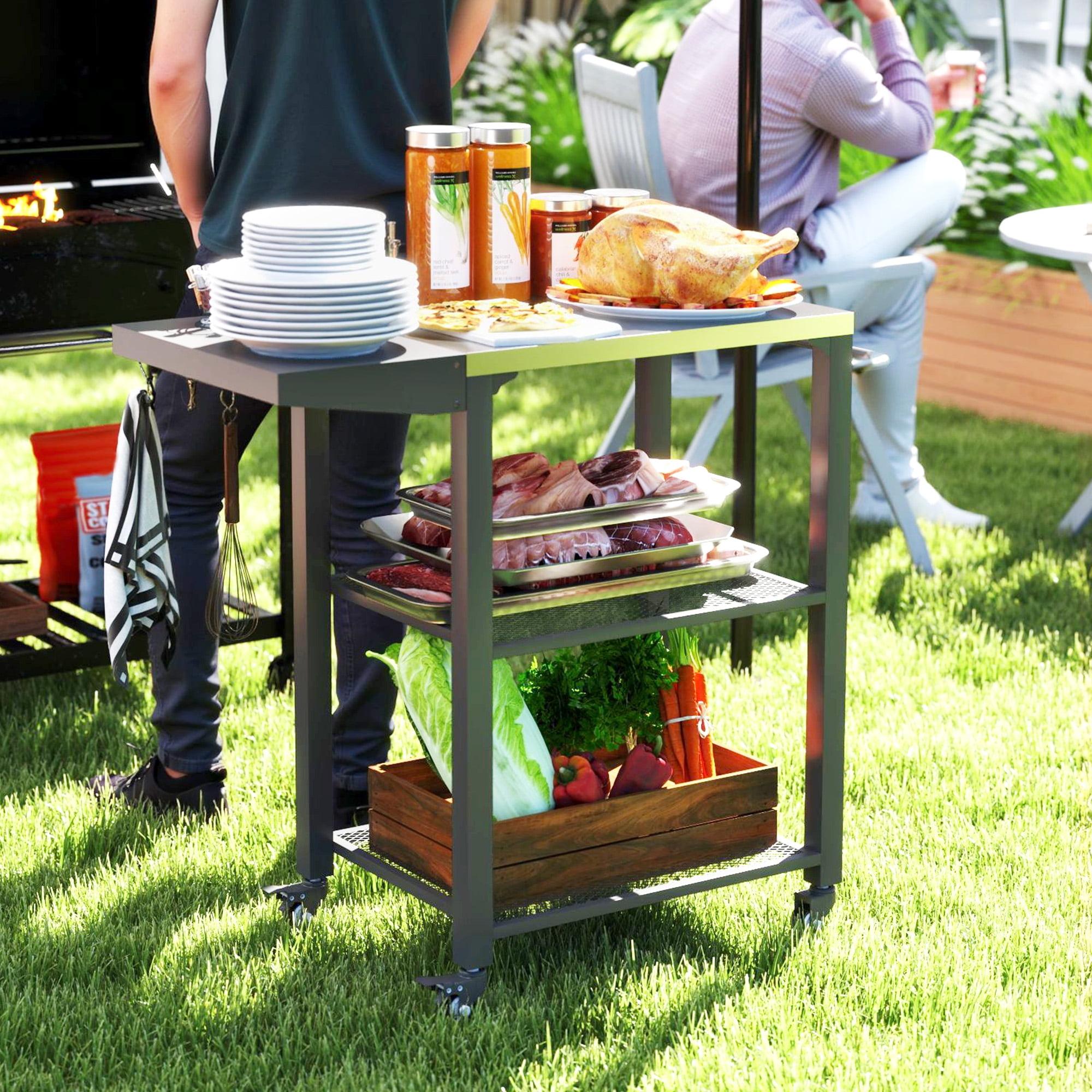 Outsunny 3-Shelf Outdoor Grill Cart Table with Foldable Side Table, Stainless Steel Tabletop, 22" x 16.1" Pizza Oven Stand with Hooks, Silver