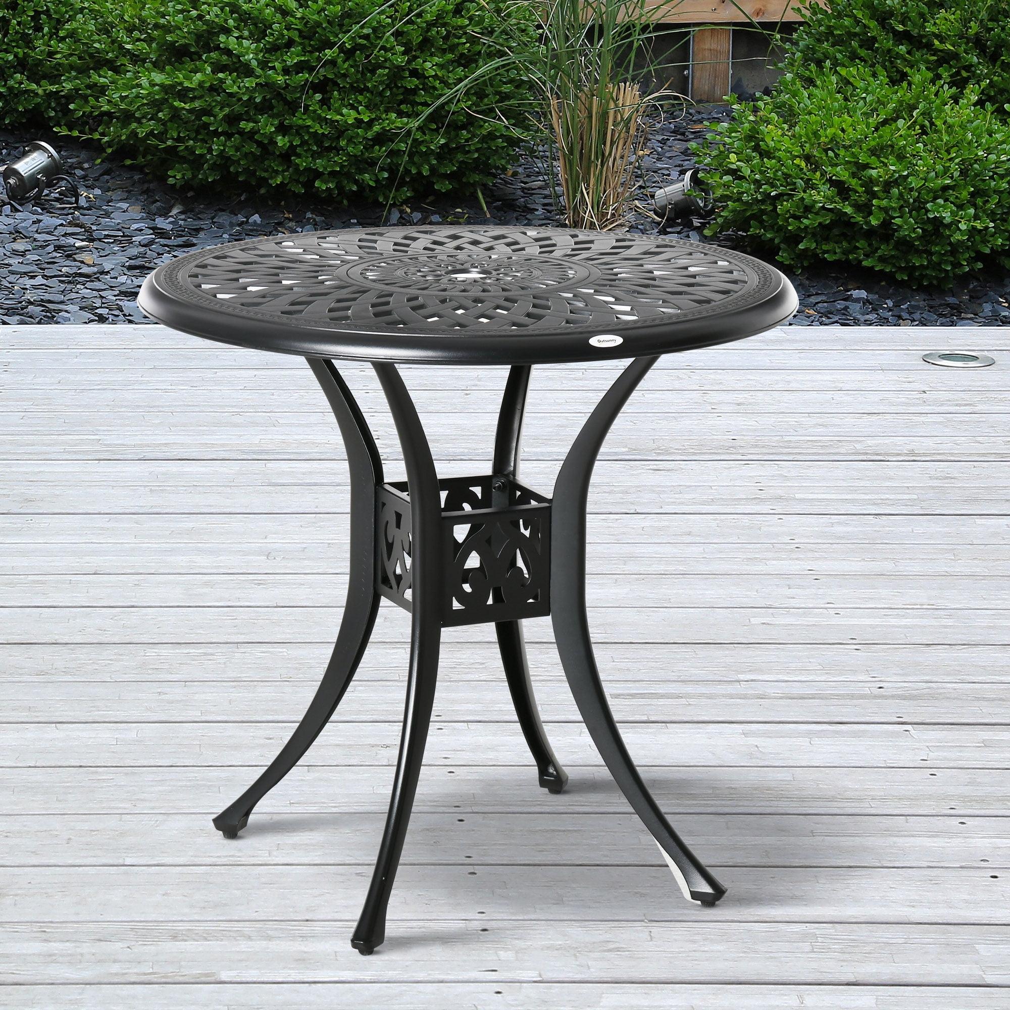 Outsunny 30" Round Patio Dining Table with Umbrella Hole, Antique Cast Aluminum Outdoor Bistro Table, Black