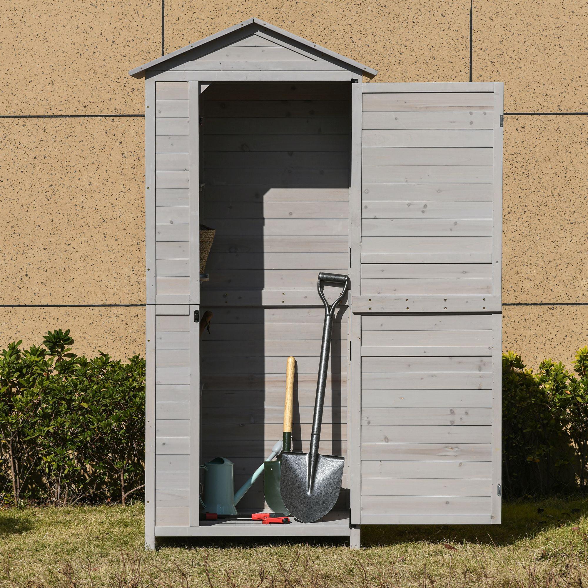 Outsunny 35.5" x 24.75" x 78.75" Wooden Storage Shed Cabinet, Outdoor Tool Shed Organizer with 3 Shelves Handle Magnetic Latch Foot Pad, Light Gray