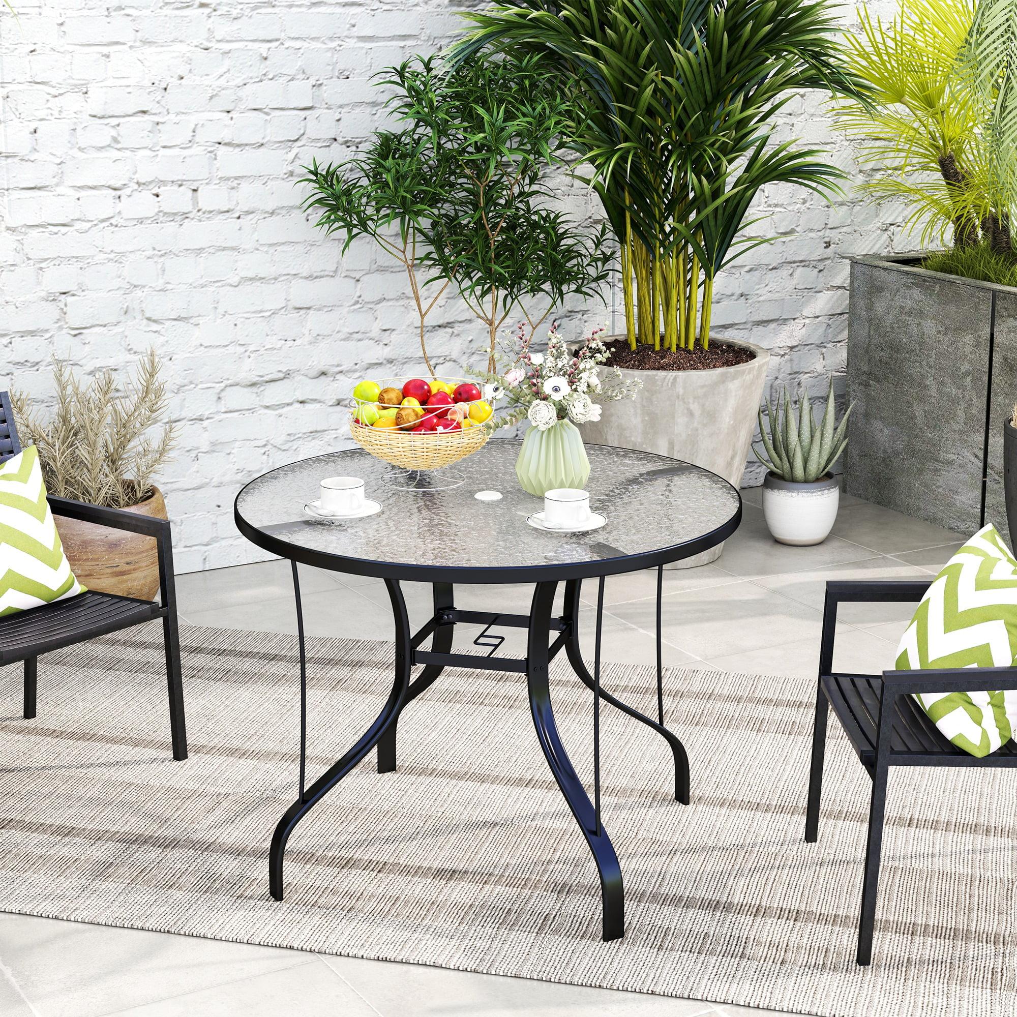 Outsunny 38" Round Patio Table, Outdoor Dining Table Tempered Glass Metal Frame Bistro Table with Umbrella Hole, for Deck, Yard, Balcony, Lawn, Pool