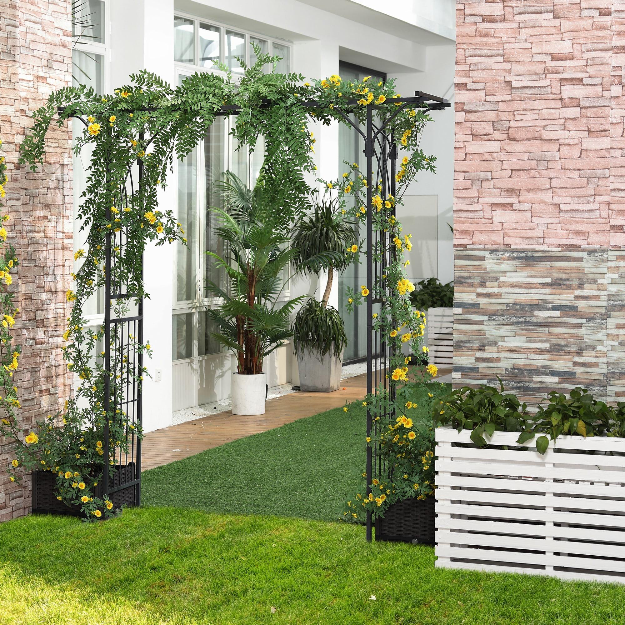 Elegant Black Metal Garden Trellis Arch with Scrollwork