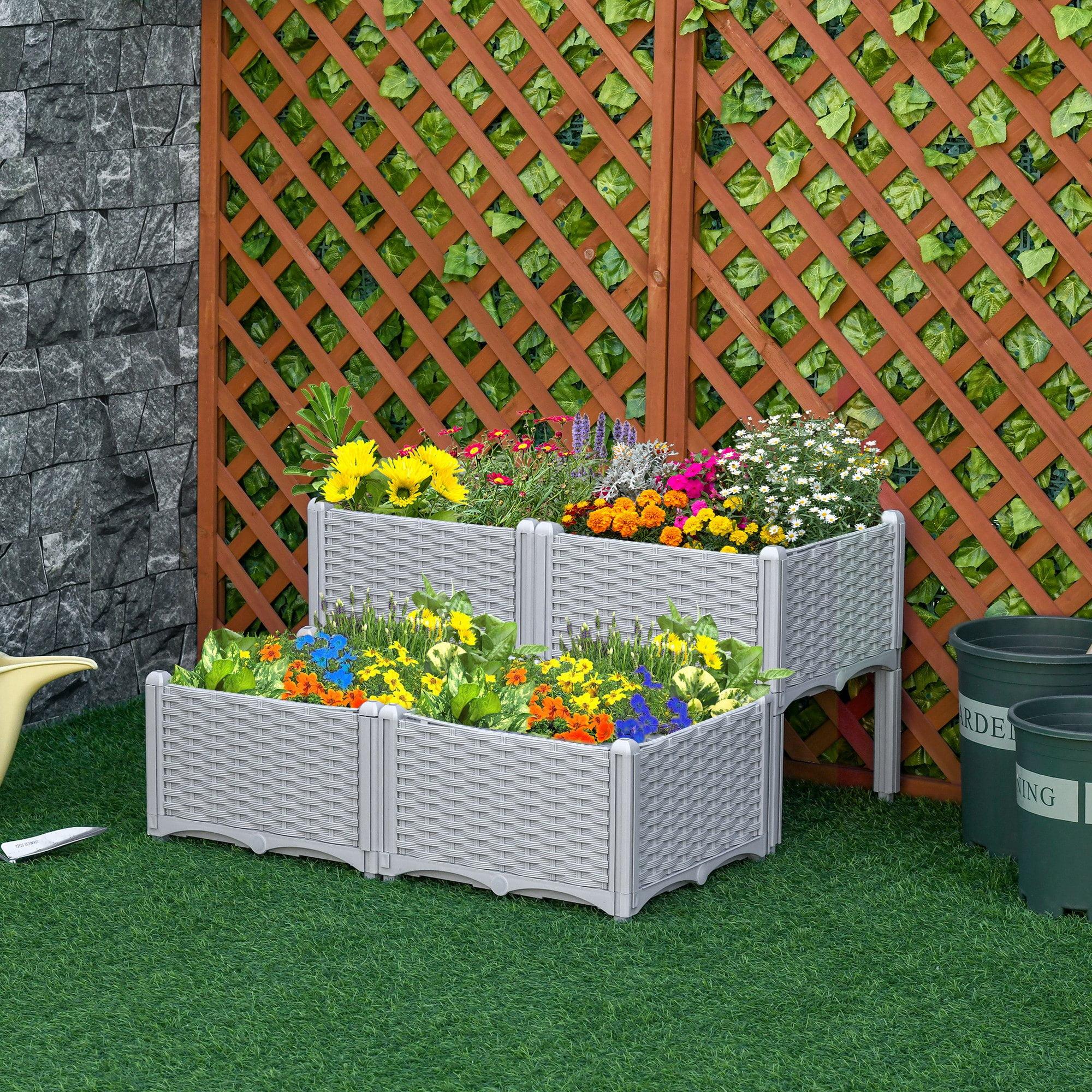 Outsunny 4-Piece Raised Garden Bed Planter Raised Bed with Self-Watering Design and Drainage Holes for Flowers, Gray