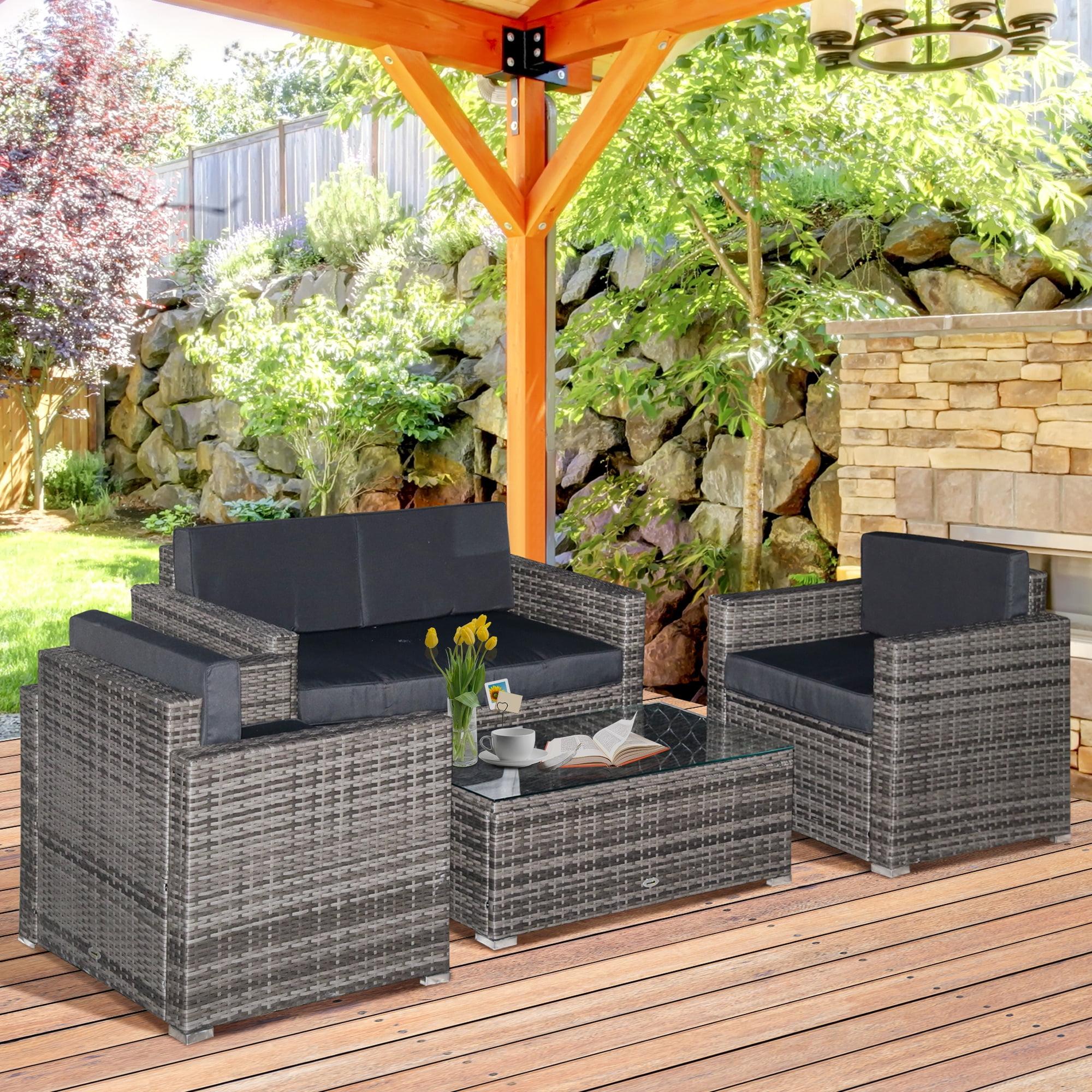 Outsunny 4-Piece Black Rattan Wicker Outdoor Furniture Set