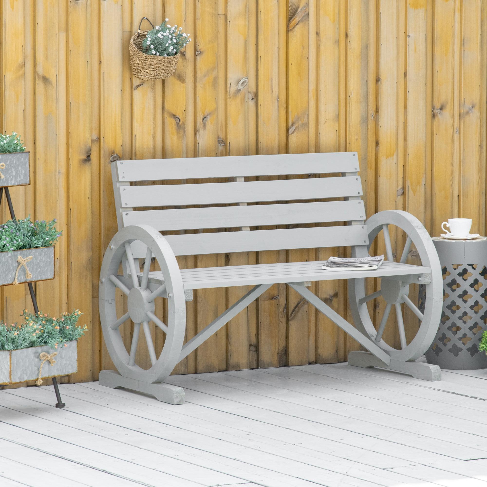 Outsunny Wooden Wagon Wheel Bench Rustic Outdoor Patio Furniture, 2-Person Seat Bench with Backrest Charcoal Gray