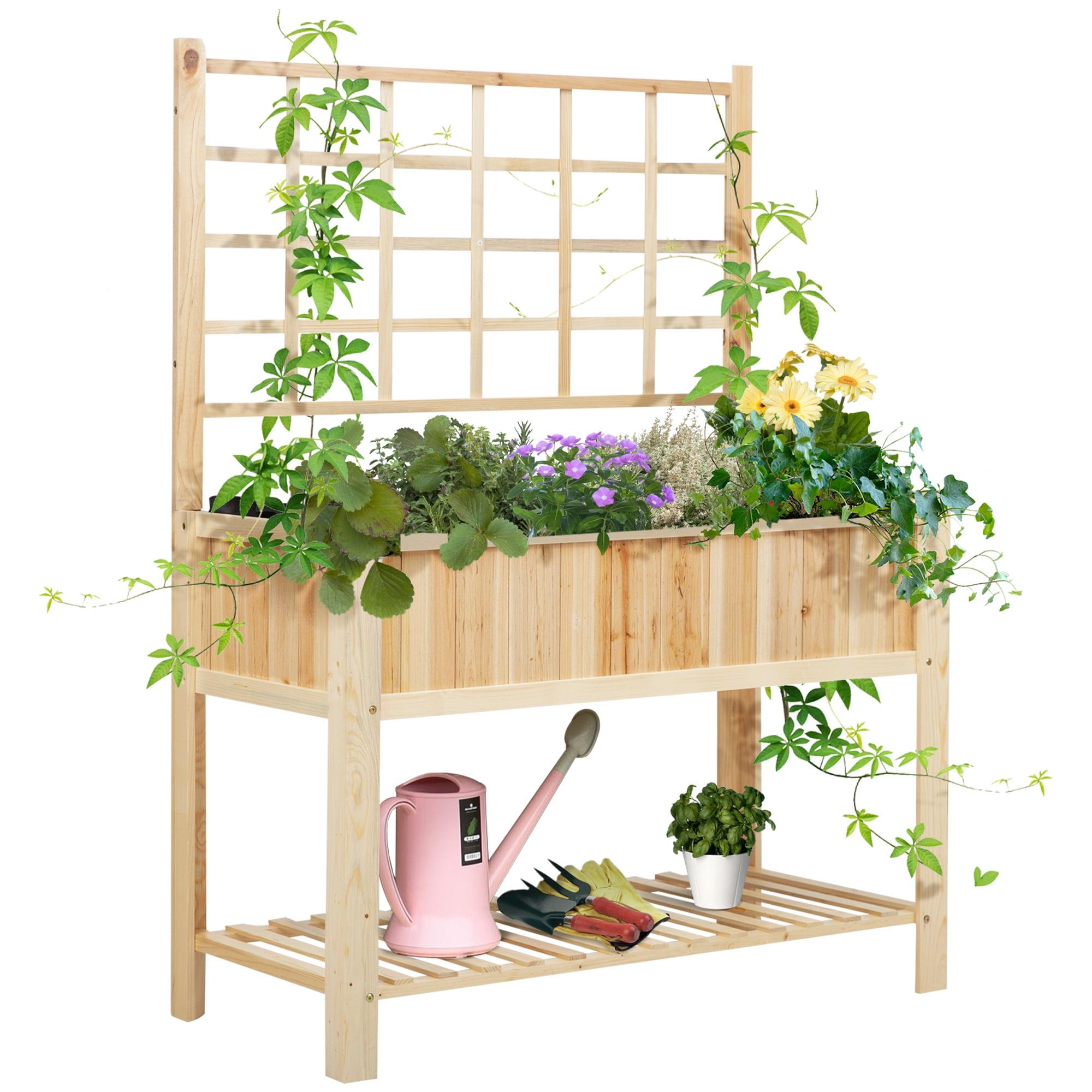 Natural Wood Raised Garden Bed with Trellis and Storage Shelf