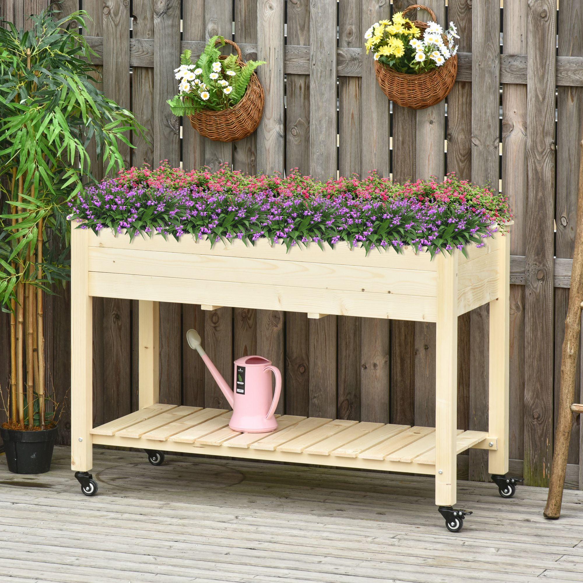 Natural Fir Wood Raised Garden Bed with Wheels and Shelf