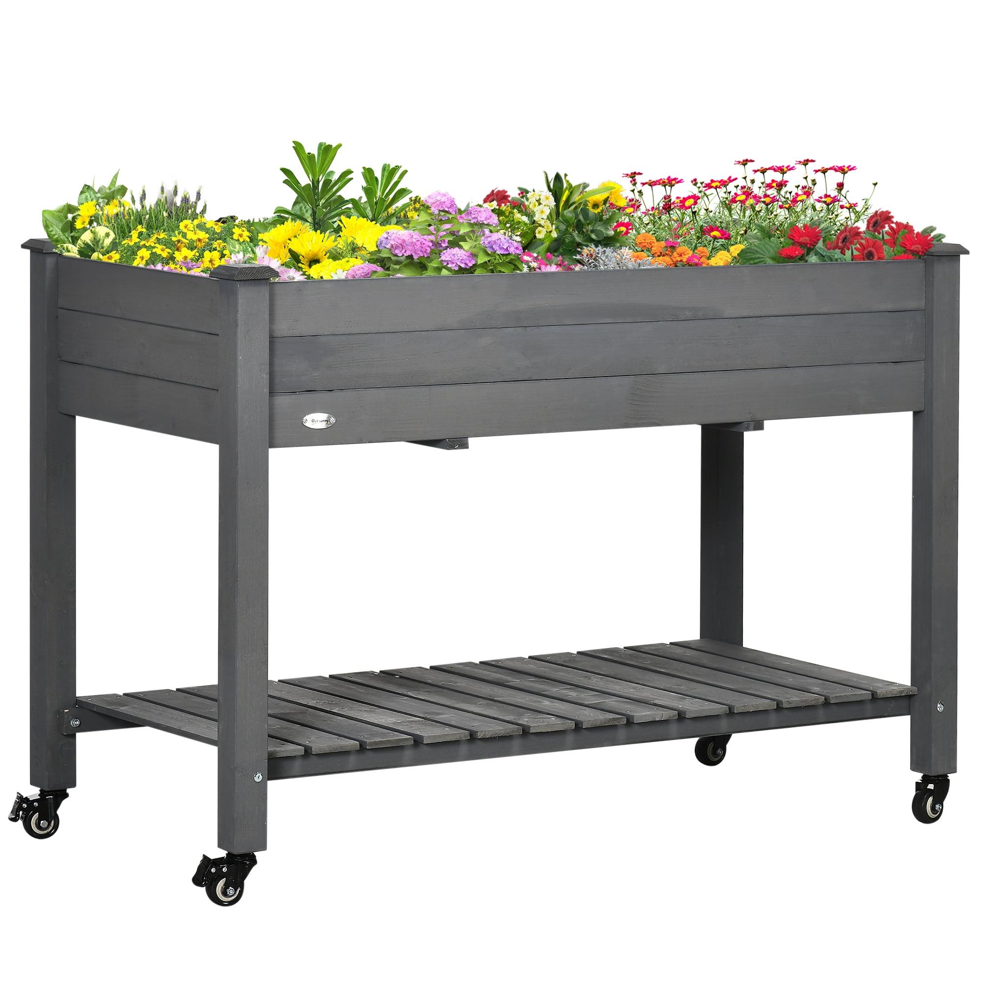 Outsunny 46.5" x 21.75" Raised Garden Bed, Elevated Wooden Planter Box w/ Lockable Wheels, Storage Shelf and Bed Liner for Backyard, Patio, Dark Gray