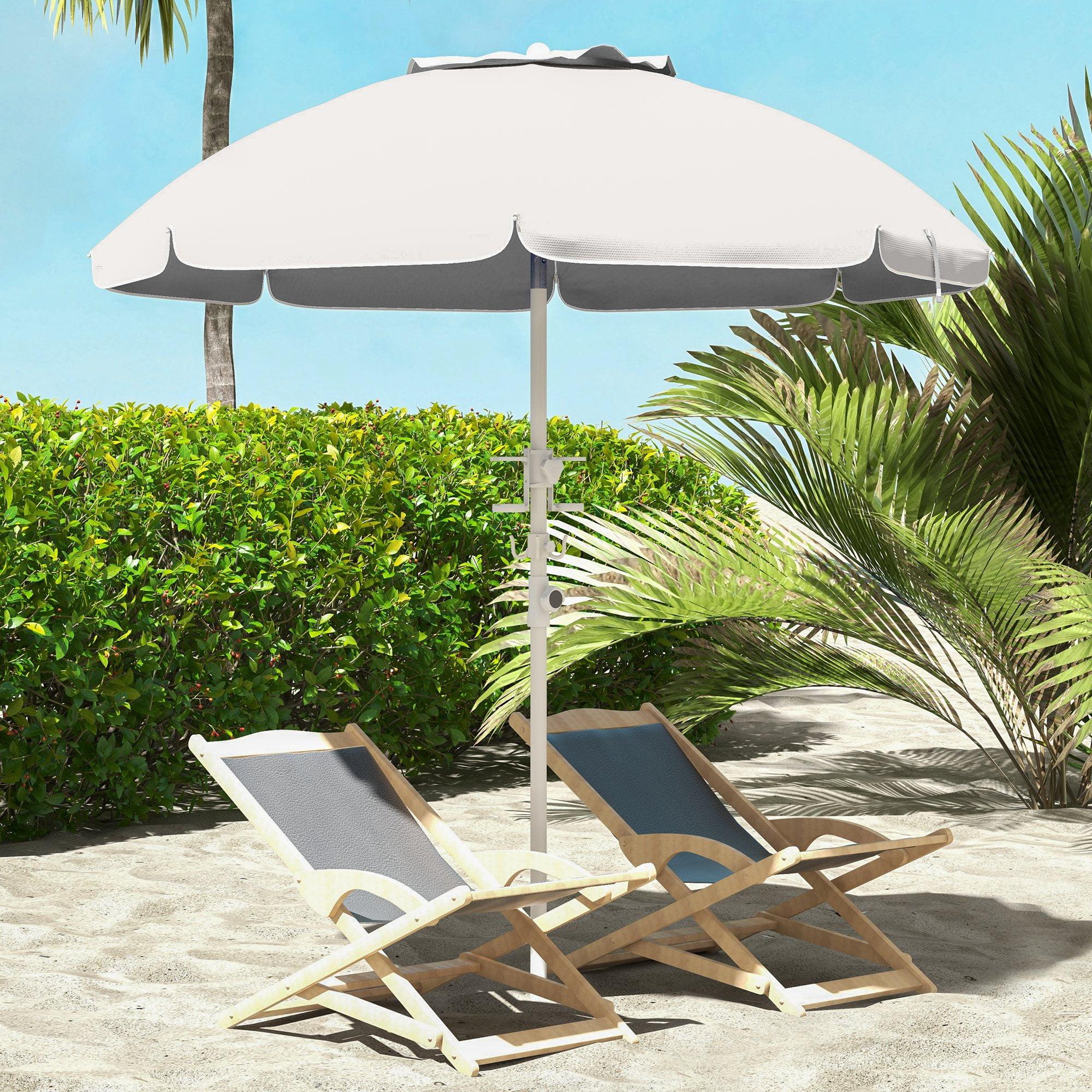 Outsunny 5.7' Beach Umbrella with Cup Holders, Hooks, Vented Canopy, Portable Outdoor Umbrella, Cream White