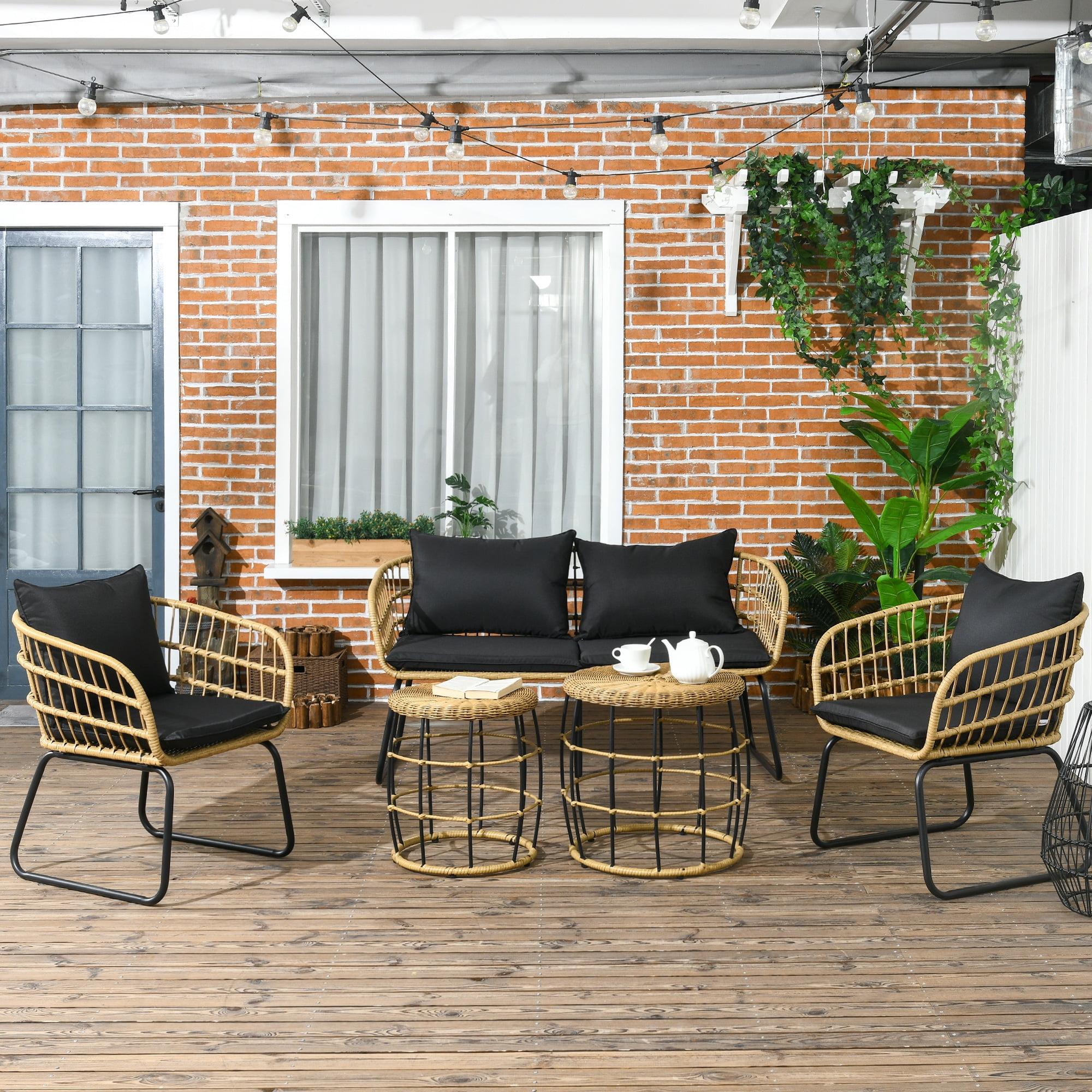 Outsunny 5 Piece PE Rattan Outdoor Furniture Set with Cushioned Chairs, Loveseat Sofa & Stackable Coffee Tables