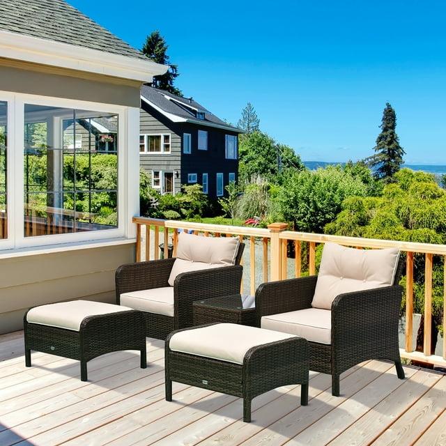 Outsunny 5 Piece Rattan Wicker Lounge Chair, Outdoor Patio Conversation Set with 2 Cushioned Chairs, 2 Ottomans & Top Coffee Table, Brown