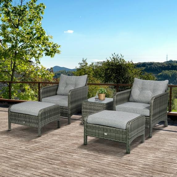 Outsunny 5 Pieces Rattan Wicker Lounge Chair Outdoor Patio Conversation Set with 2 Cushioned Chairs, 2 Ottomans & Glass Coffee Table, Gray