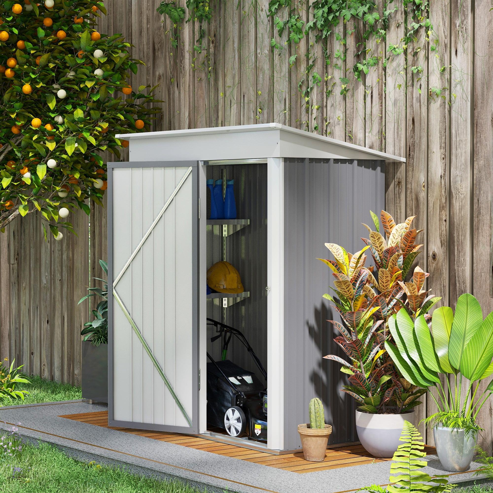 Gray Metal Outdoor Storage Shed with Shelving