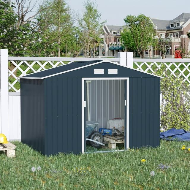 Outsunny 9' x 6' Metal Storage Shed Organizer, Garden Tool House with 4 Vents and 2 Sliding Doors for Backyard, Patio, Garage, Lawn, Dark Gray