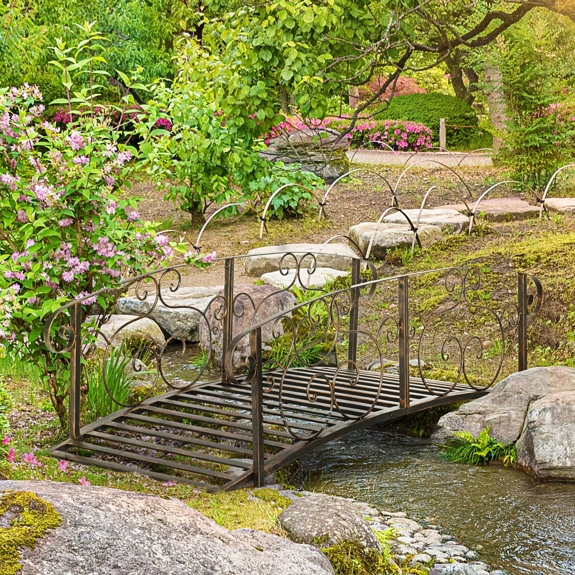 Bronze 6ft Metal Garden Bridge with Safety Rails