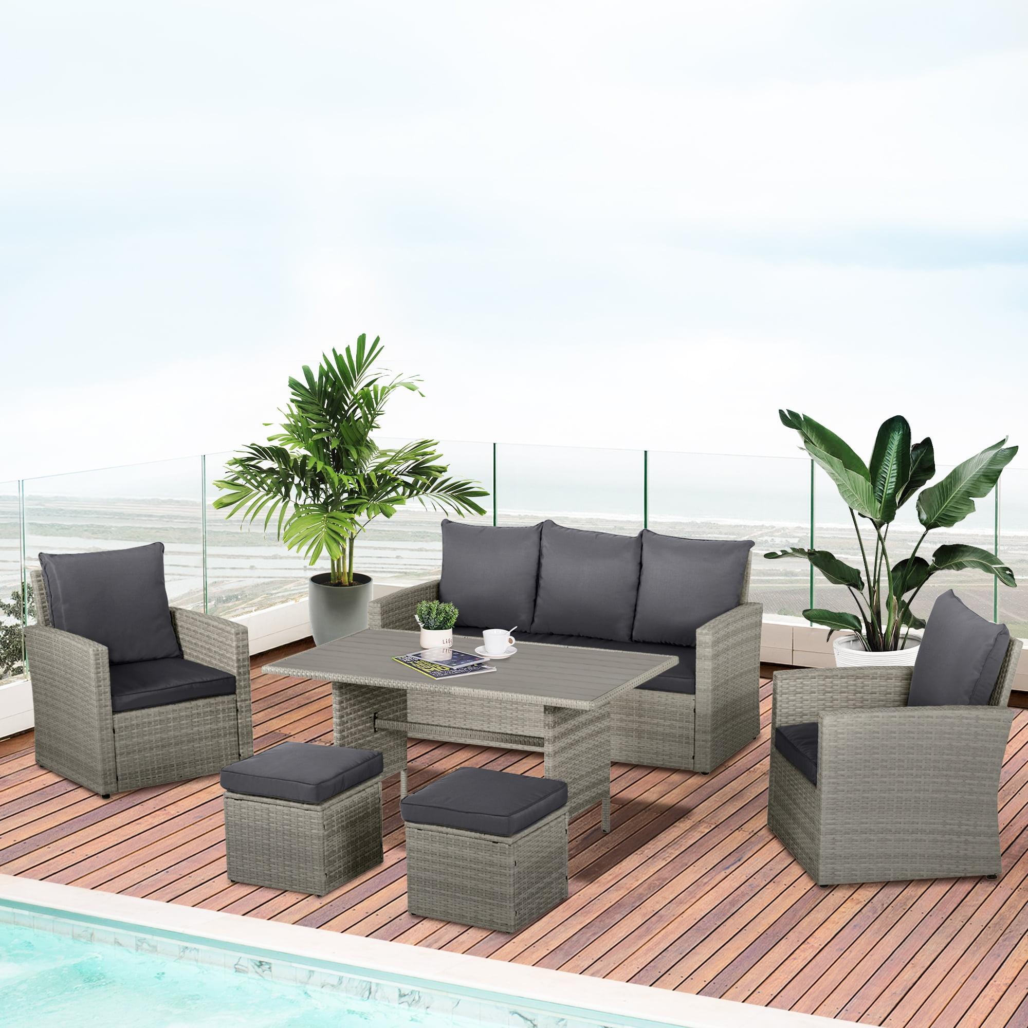 Gray 6-Piece PE Rattan Outdoor Dining Set with Cushions