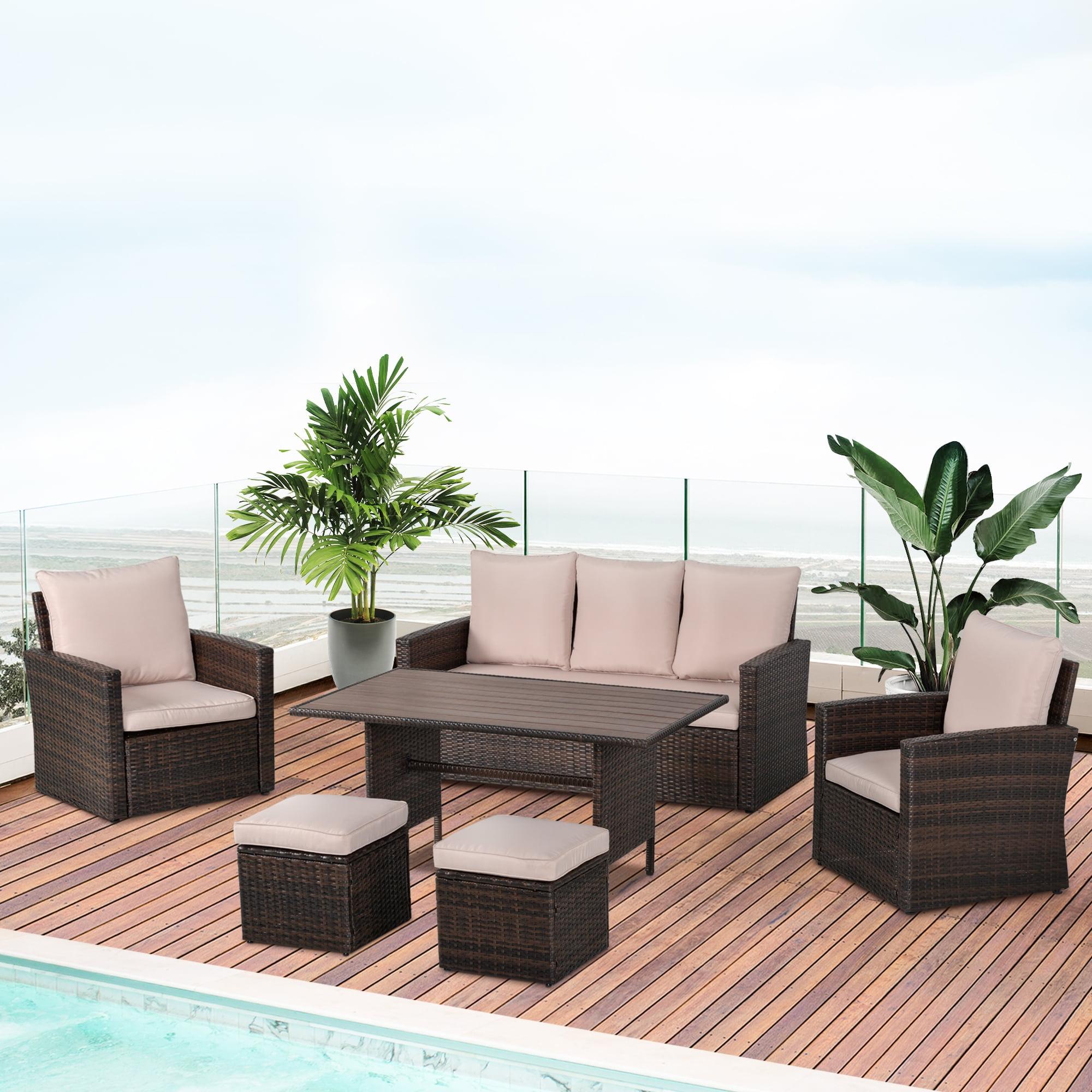 Outsunny 6 PCS Patio Dining Set All Weather Rattan Wicker Furniture Set with Wood Grain Top Table and Soft Cushions