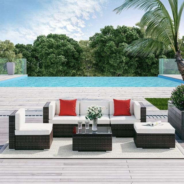 Outsunny 6 Pieces Outdoor PE Rattan Sofa Set, Sectional Conversation Wicker Patio Couch Furniture Set with Cushions and Coffee Table, White