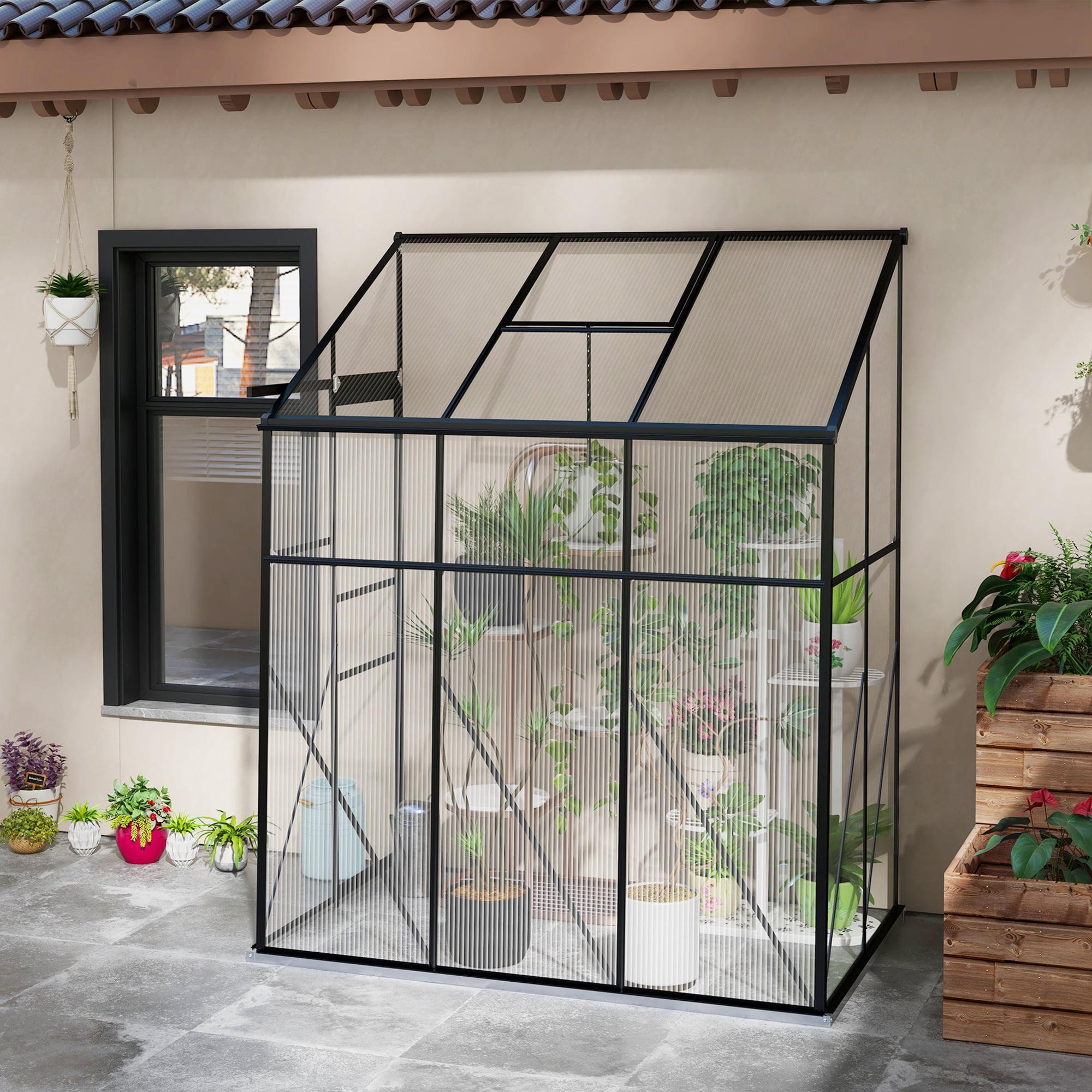 Outsunny Lean-to Polycarbonate Greenhouse with Sliding Door, Roof Vent, Rain Gutter, Walk-in Aluminum Hot House, Black