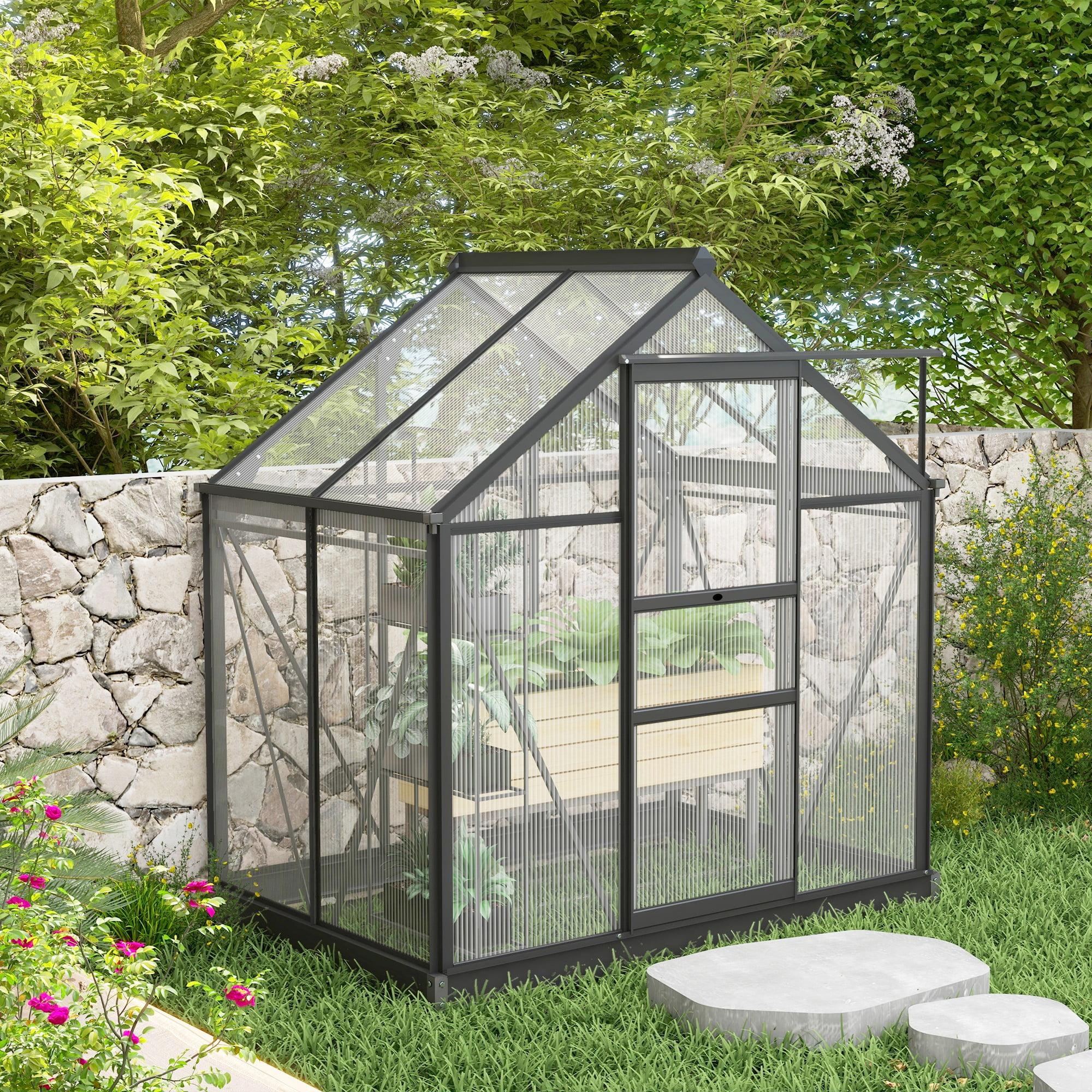 Outsunny 6.2' x 4.3' x 6.6' Polycarbonate Greenhouse, Heavy Duty Outdoor Aluminum Walk-in Green House Kit with Vent & Door for Backyard Garden, Gray