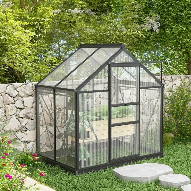 Outsunny 6.2' x 4.3' x 6.6' Polycarbonate Greenhouse, Heavy Duty Outdoor Aluminum Walk-in Green House Kit with Vent & Door for Backyard Garden, Gray