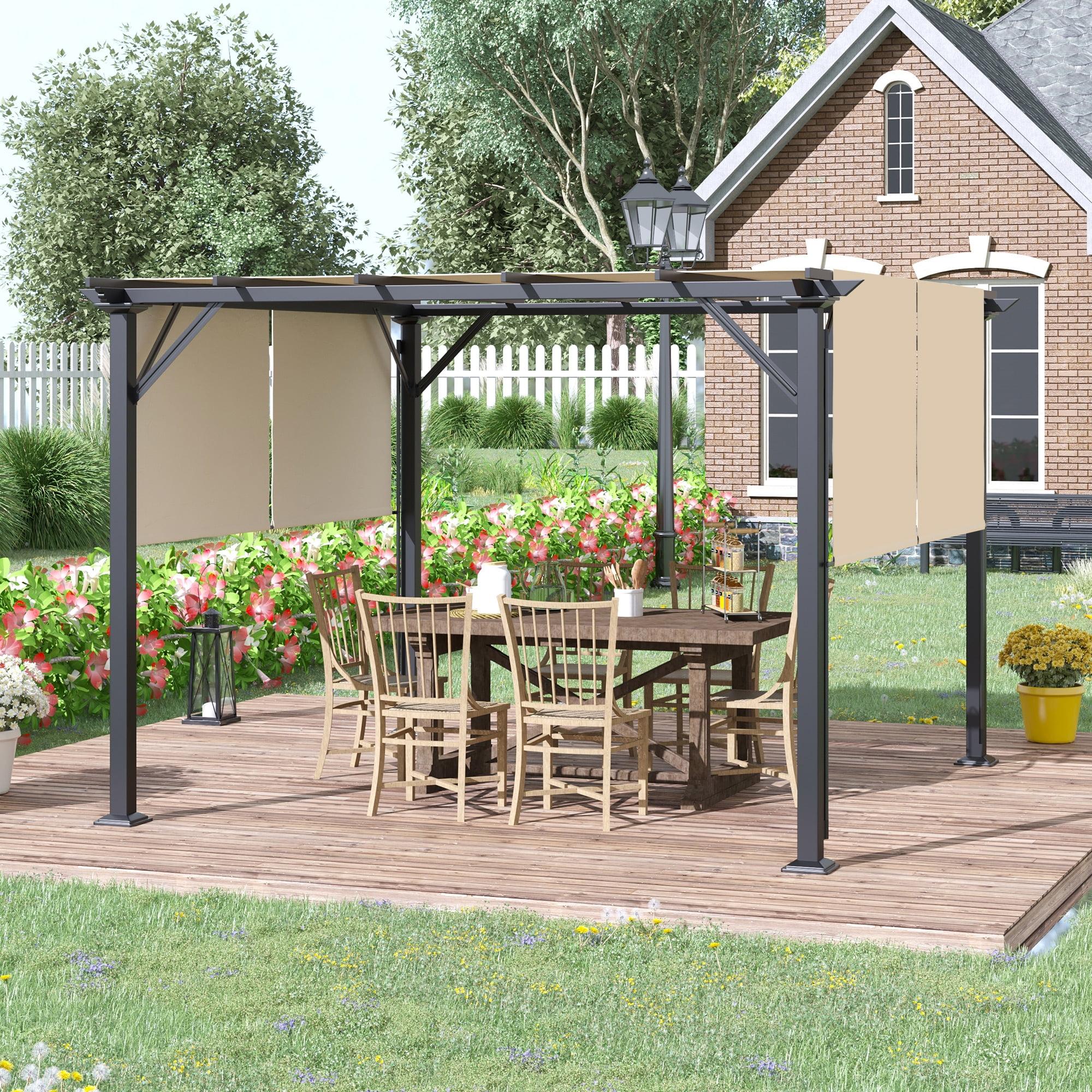 Beige Steel 12' x 10' Outdoor Pergola with Retractable Canopy