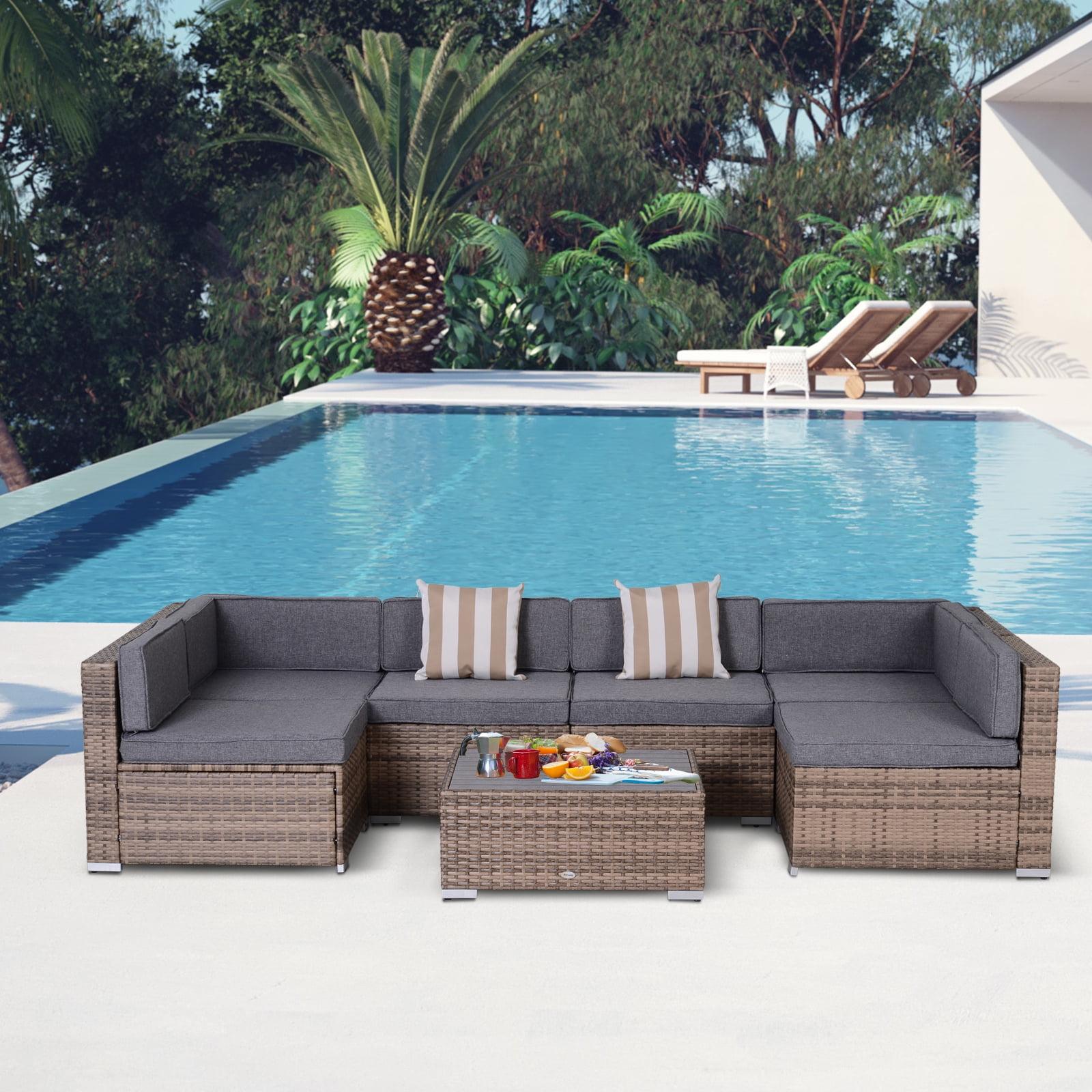 Outsunny 7-Piece Patio Furniture Set, Outdoor Wicker Conversation Set, All Weather PE Rattan Sectional Sofa w/ Faux Wood Table, Stripe Pillows, Gray