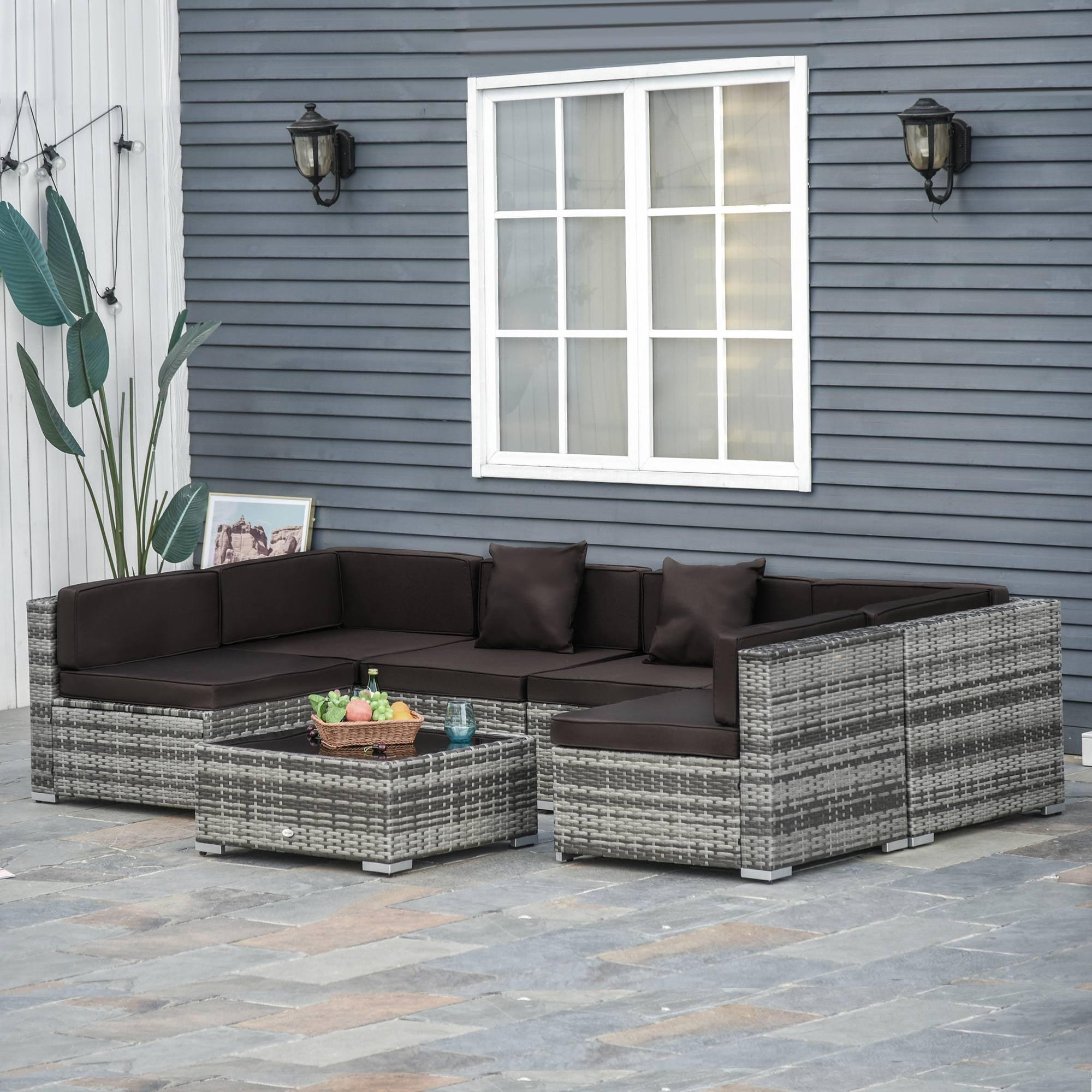 Outsunny 7 Piece Outdoor Patio Furniture Set, PE Rattan Wicker Sectional Sofa Set with Couch Cushions, Pillows, Coffee Table, Charcoal