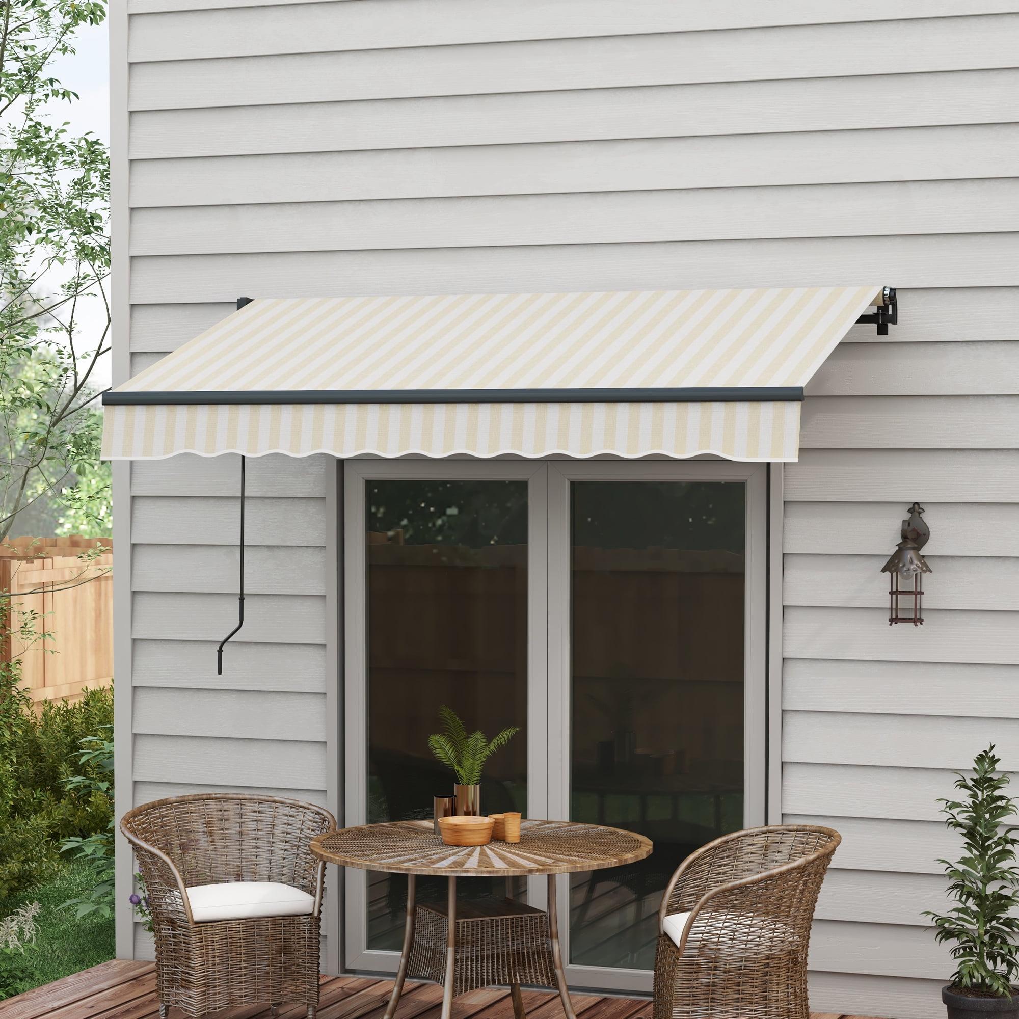 Beige and White Striped Polyester Retractable Patio Awning with Manual Crank